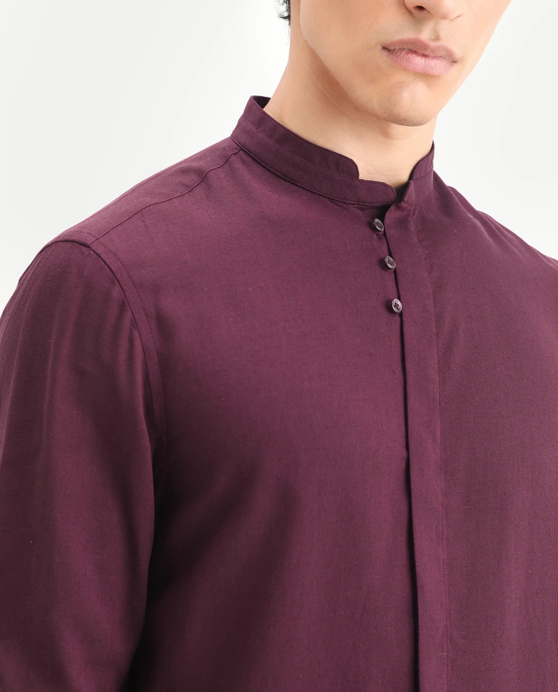 Rare Rabbit Men's Throne-26 Dark Maroon Linen Blend Fabric Full Sleeve Mandarin Collar Regular Fit Plain Shirt