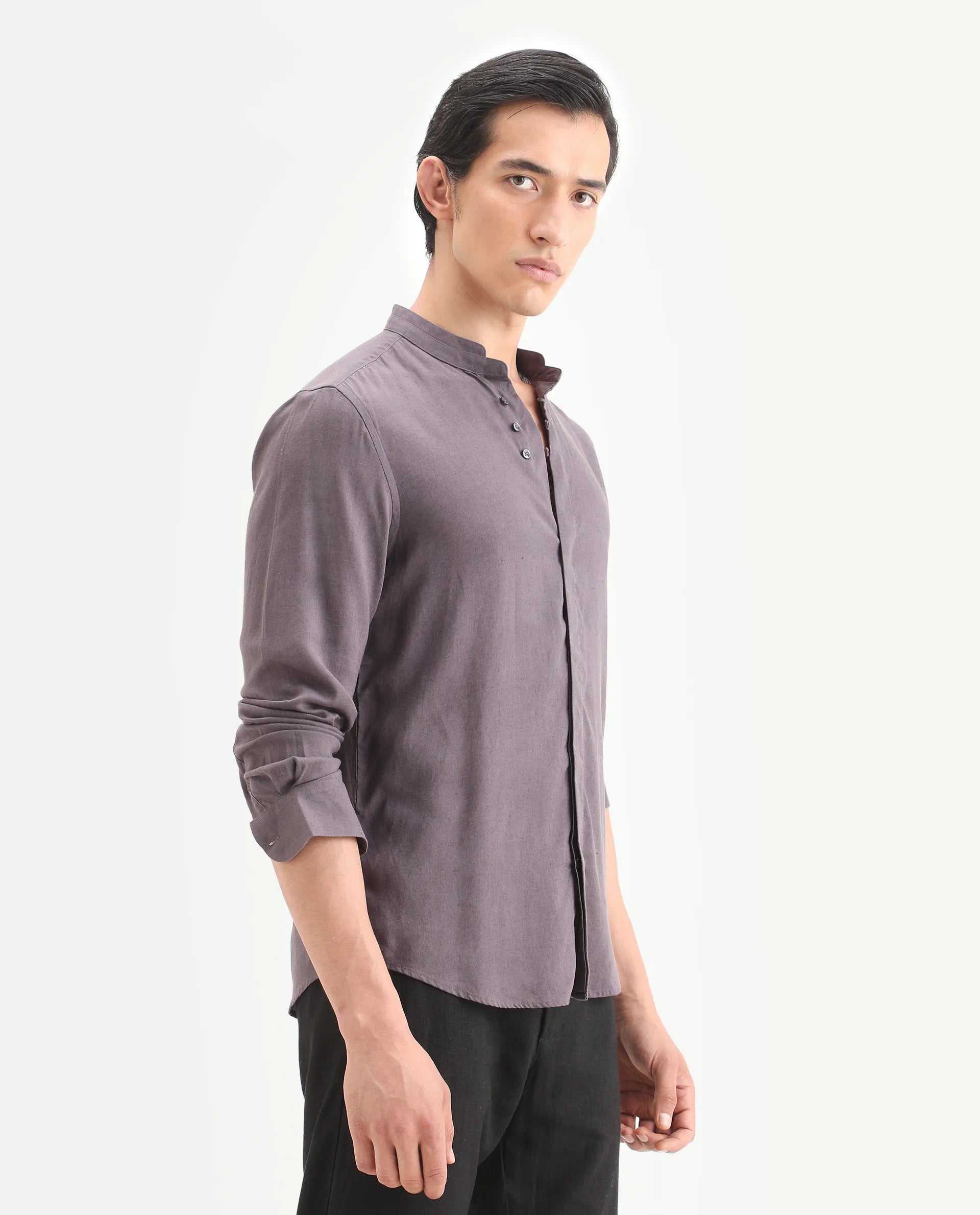 Rare Rabbit Men's Throne-26 Dusky Purple Linen Blend Fabric Full Sleeve Mandarin Collar Regular Fit Plain Shirt