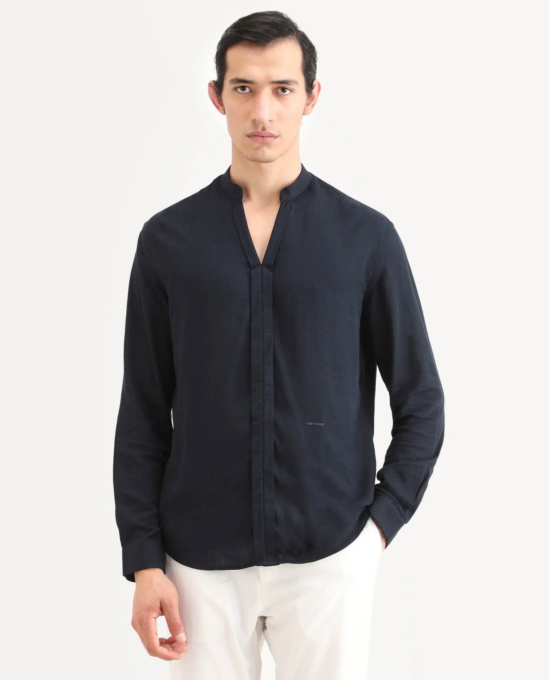 Rare Rabbit Men's Kurto-26 Navy Linen Blend Fabric Full Sleeve Mandarin Collar Regular Fit Plain Shirt