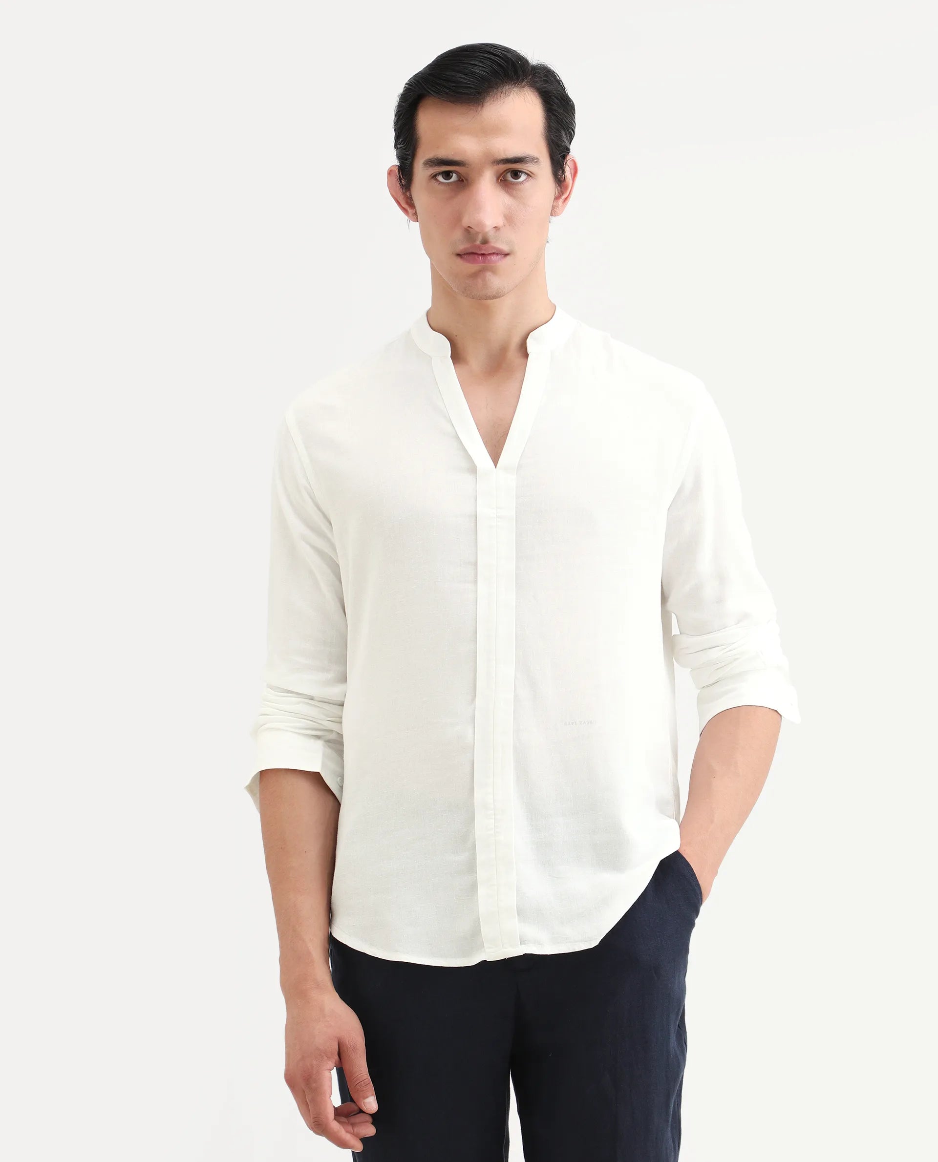 Rare Rabbit Men's Kurto-26 White Linen Blend Fabric Full Sleeve Mandarin Collar Regular Fit Plain Shirt