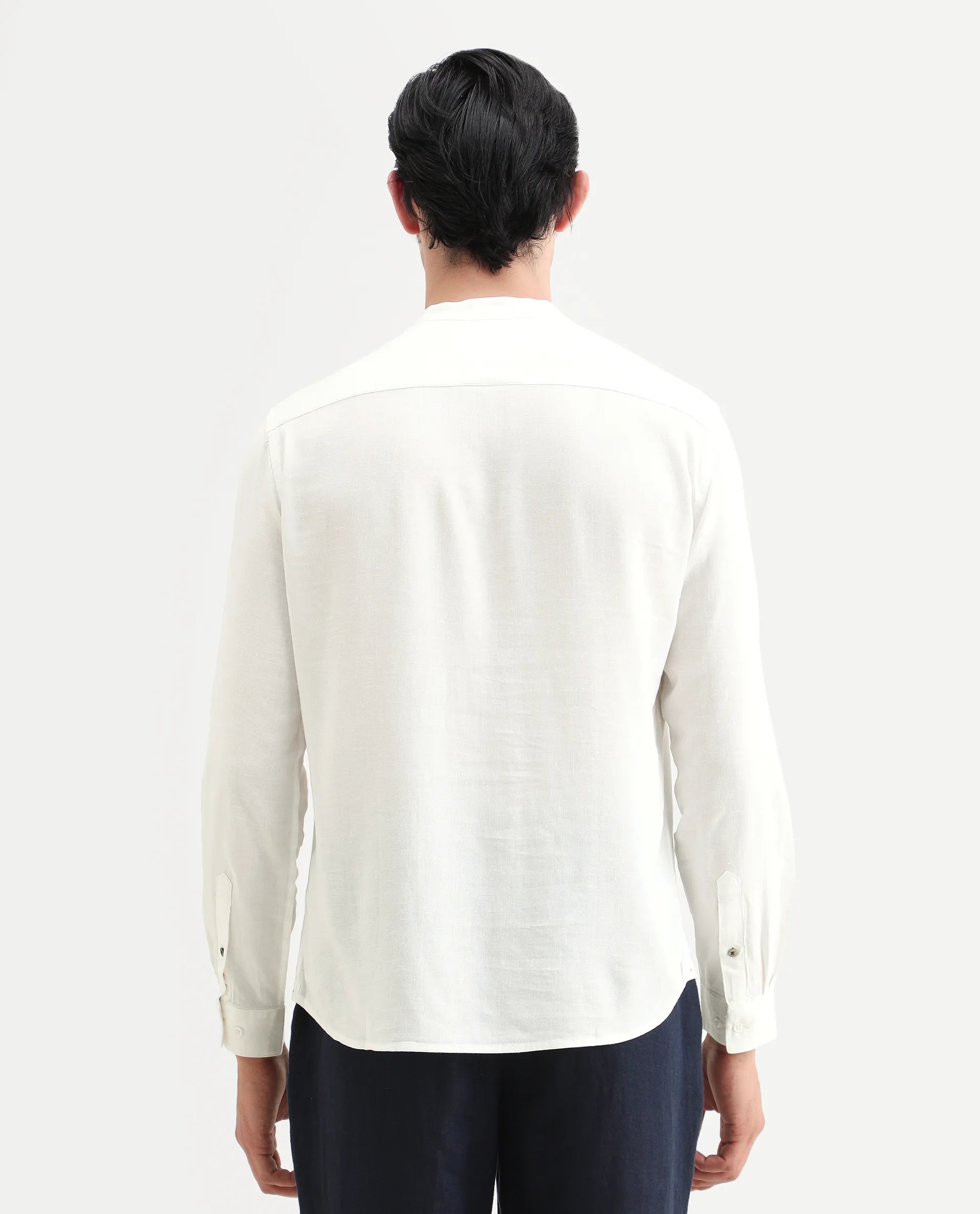 Rare Rabbit Men's Kurto-26 White Linen Blend Fabric Full Sleeve Mandarin Collar Regular Fit Plain Shirt