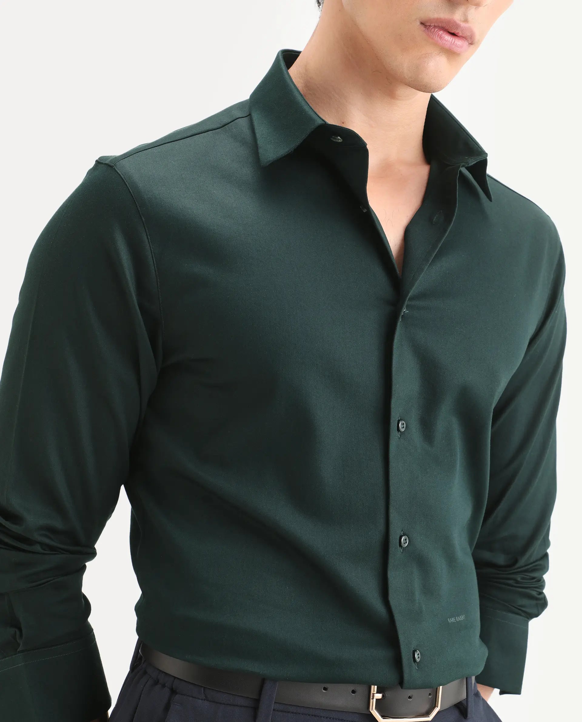 Rare Rabbit Men's Holla-Ss26 Dark Green Cotton Blend Fabric Full Sleeve Spread Collar Regular Fit Plain Shirt
