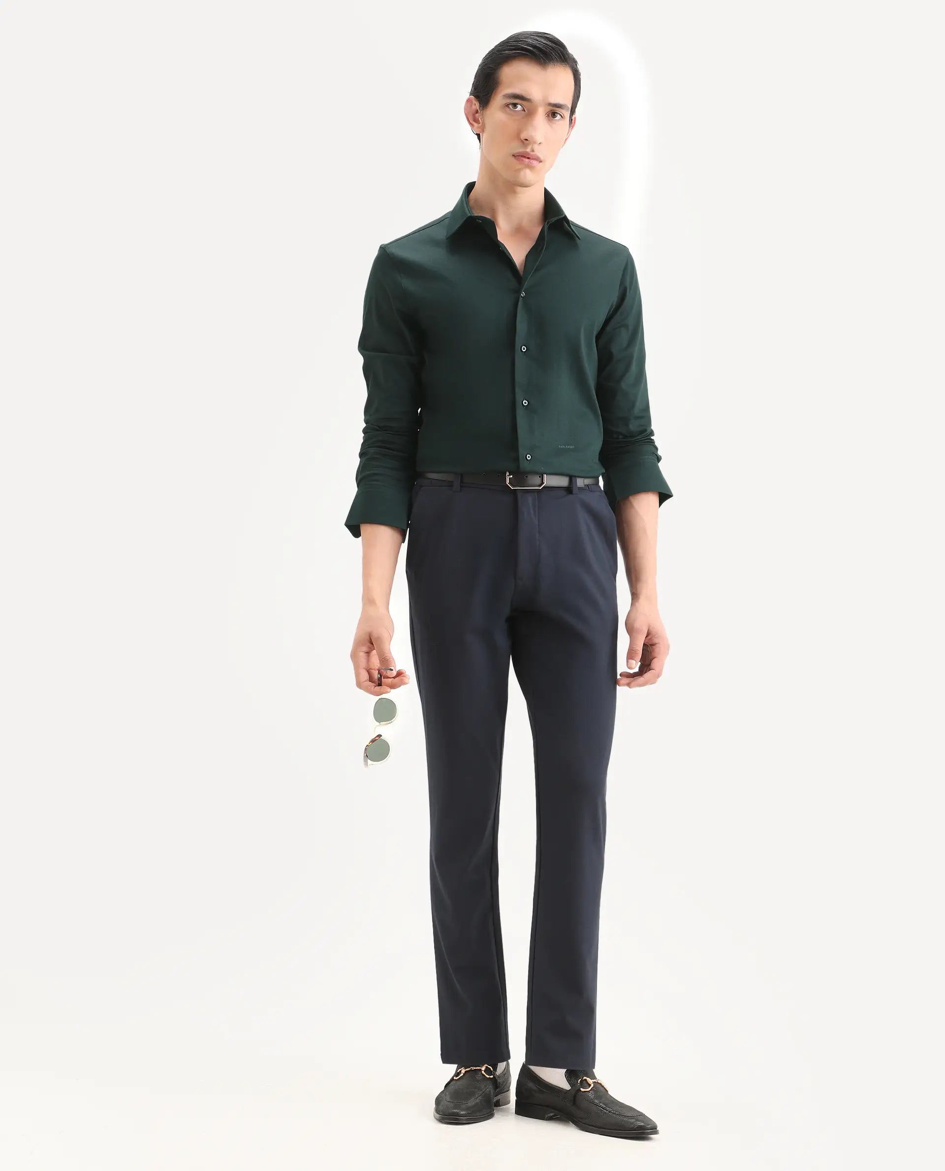 Rare Rabbit Men's Holla-Ss26 Dark Green Cotton Blend Fabric Full Sleeve Spread Collar Regular Fit Plain Shirt