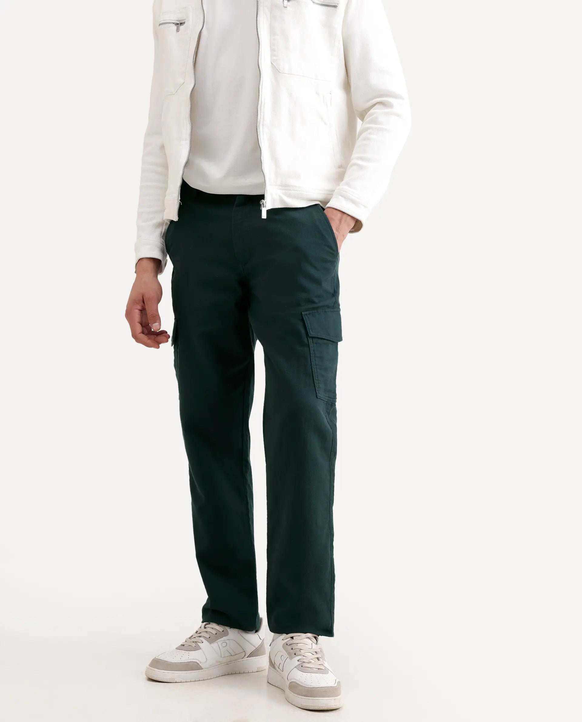 Rare Rabbit Men's Presso-Ss26 Dark Green Cotton Fabric Regular Fit Plain Cargo Trouser