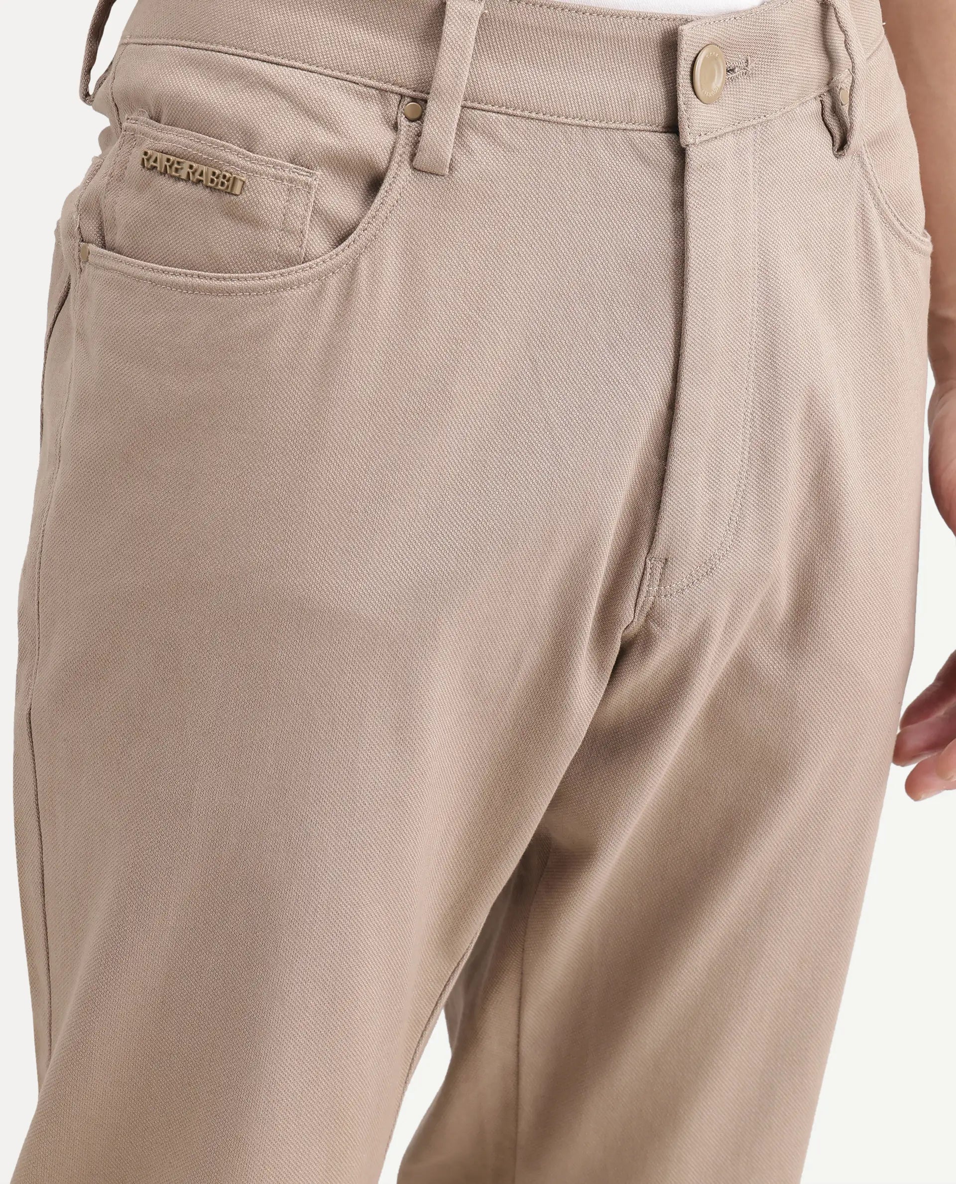 Rare Rabbit Men's Spoke-Ss26 Beige Cotton Blend Fabric Regular Fit Plain Trouser
