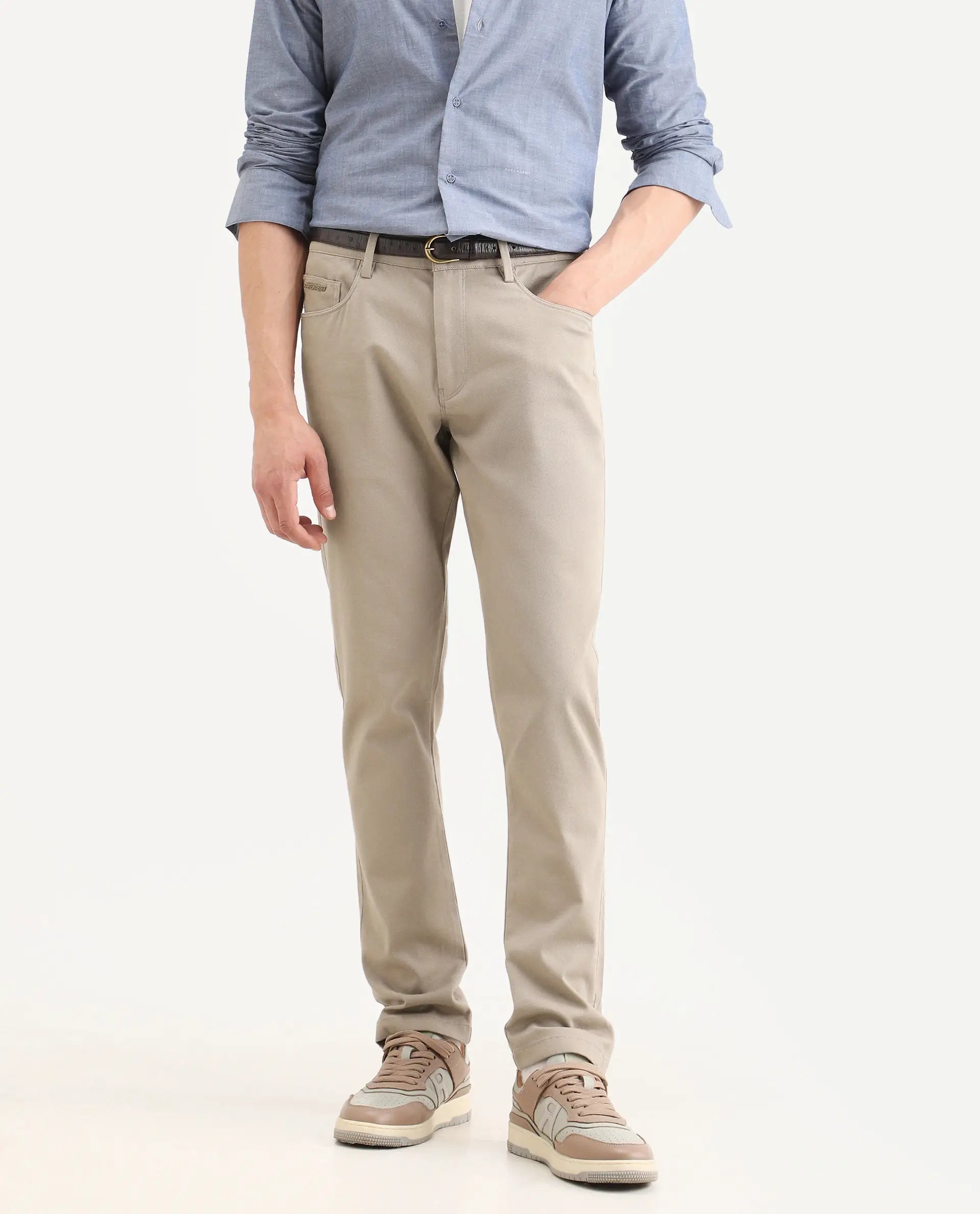 Rare Rabbit Men's Spoke-Ss26 Beige Cotton Blend Fabric Regular Fit Plain Trouser