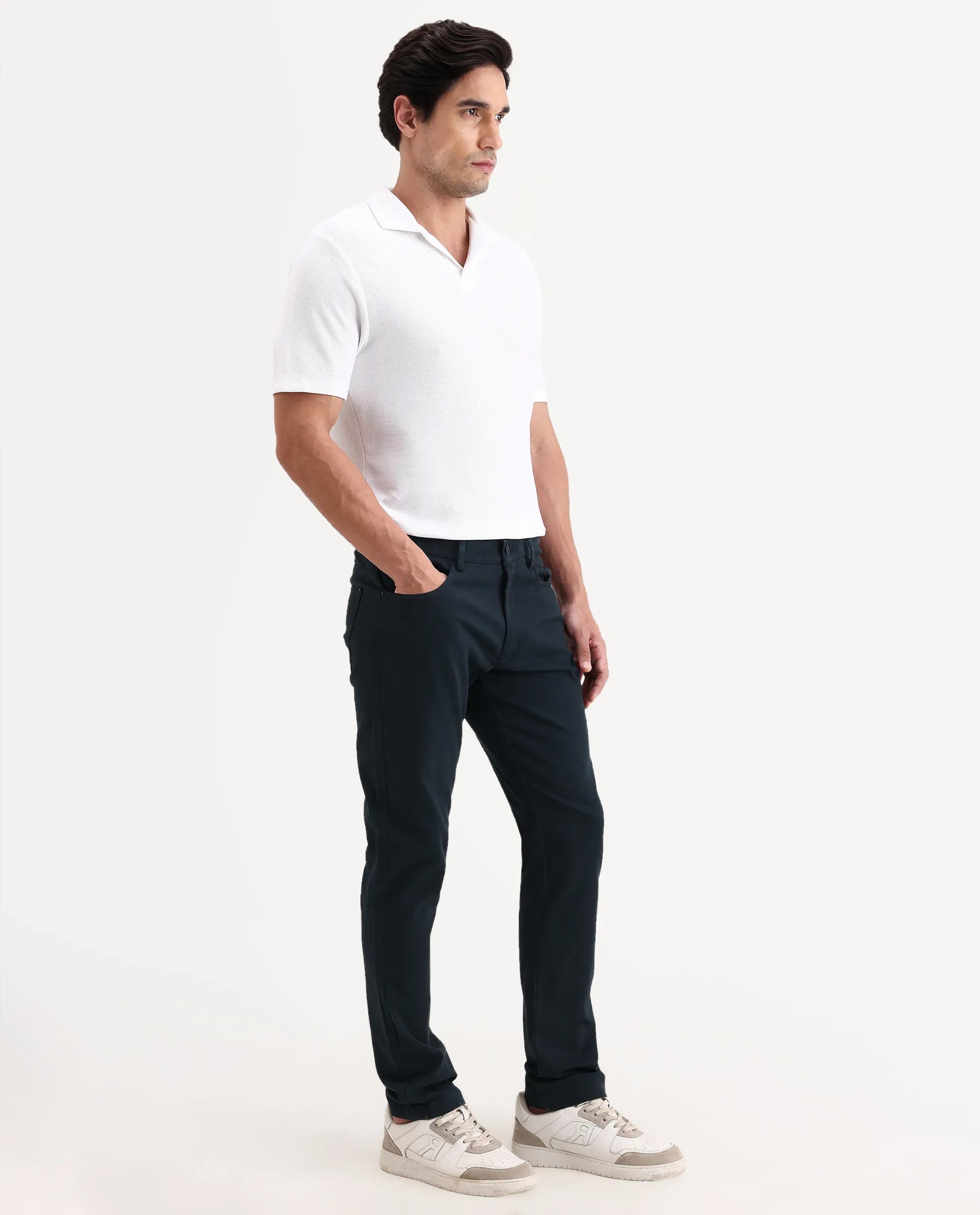 Rare Rabbit Men's Spoke-Ss26 Navy Cotton Blend Fabric Regular Fit Plain Trouser