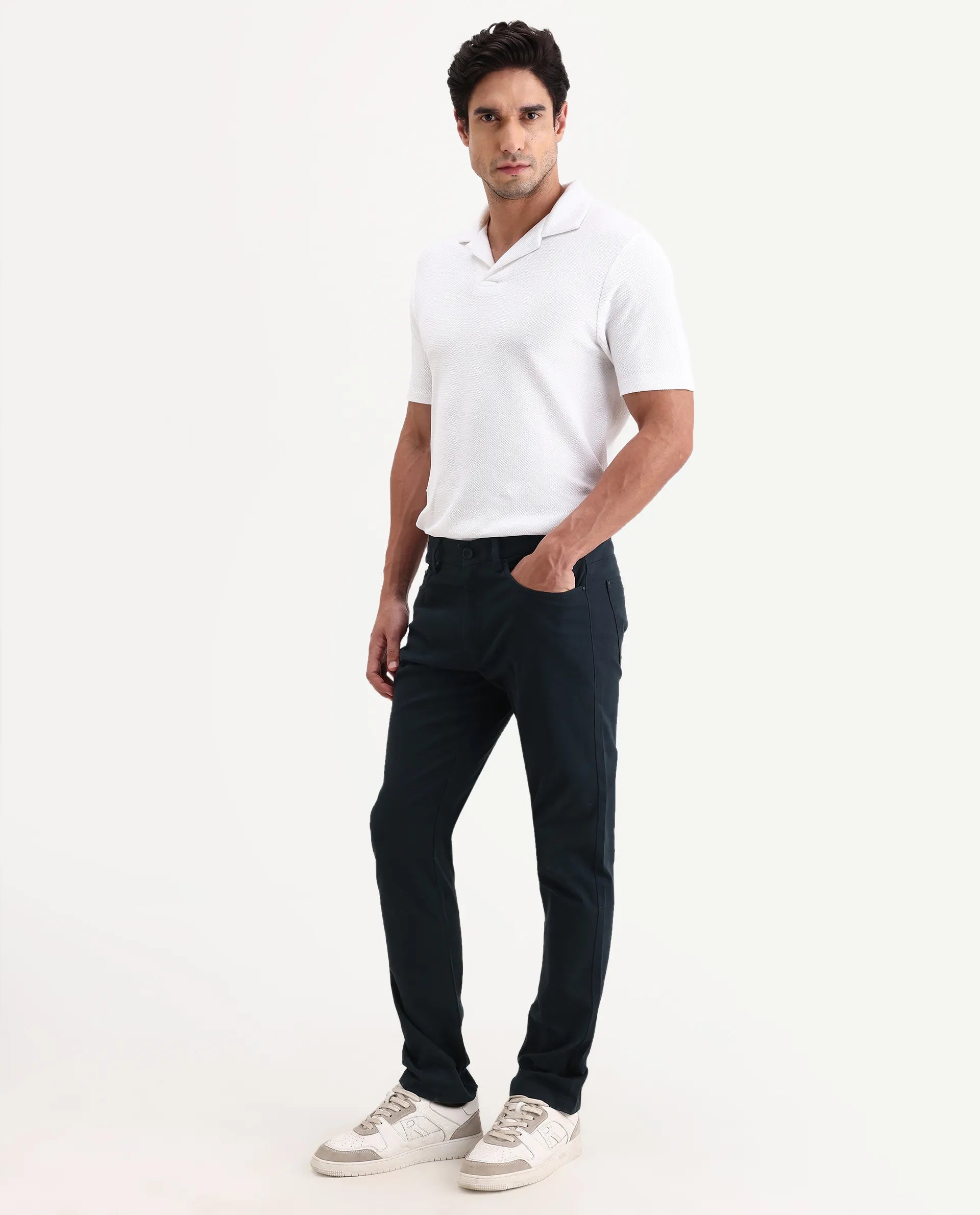 Rare Rabbit Men's Spoke-Ss26 Navy Cotton Blend Fabric Regular Fit Plain Trouser