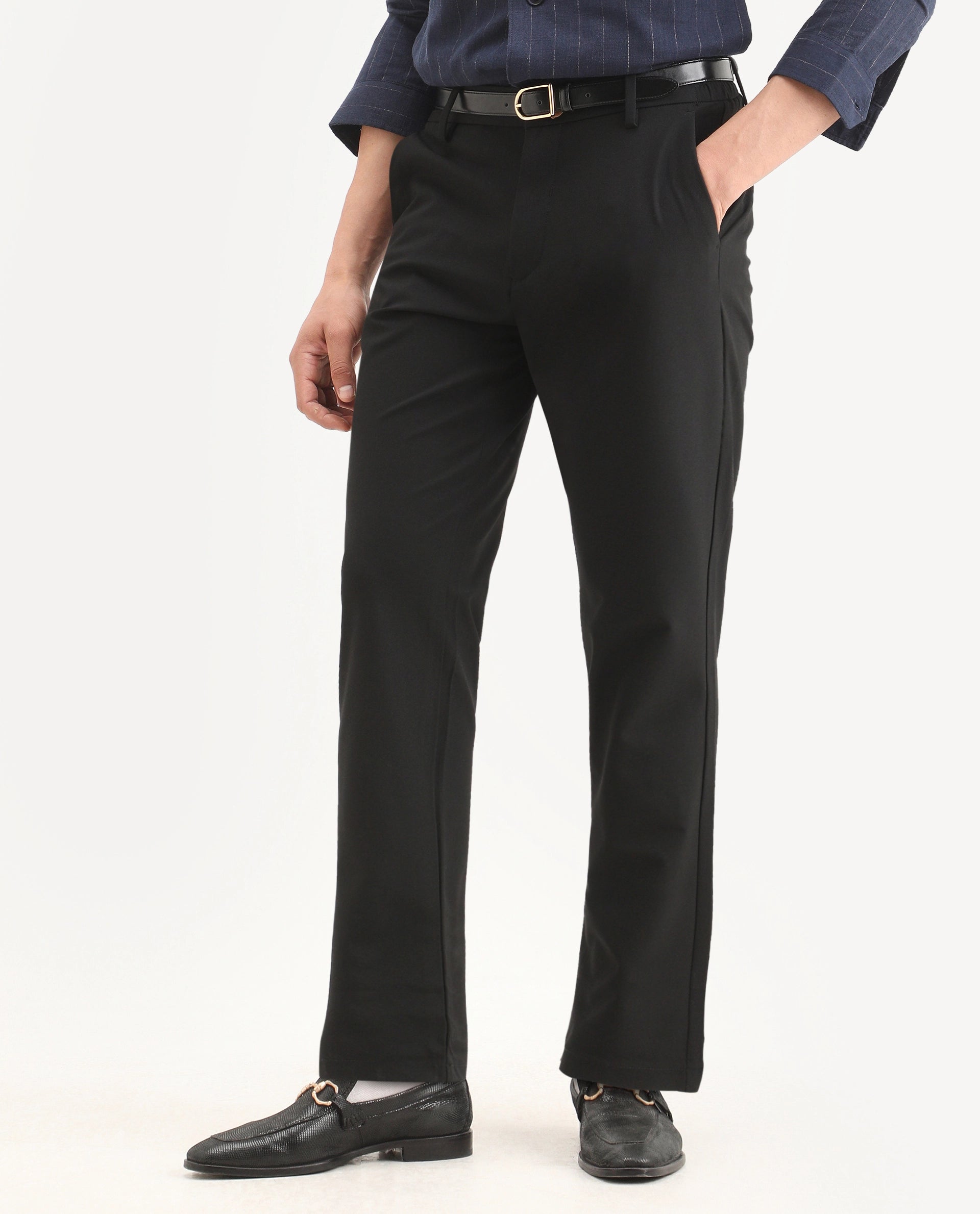 Rare Rabbit Men's Travel-Ss26 Black Polyester Fabric Button And Zip Closure Closure Plain Trouser