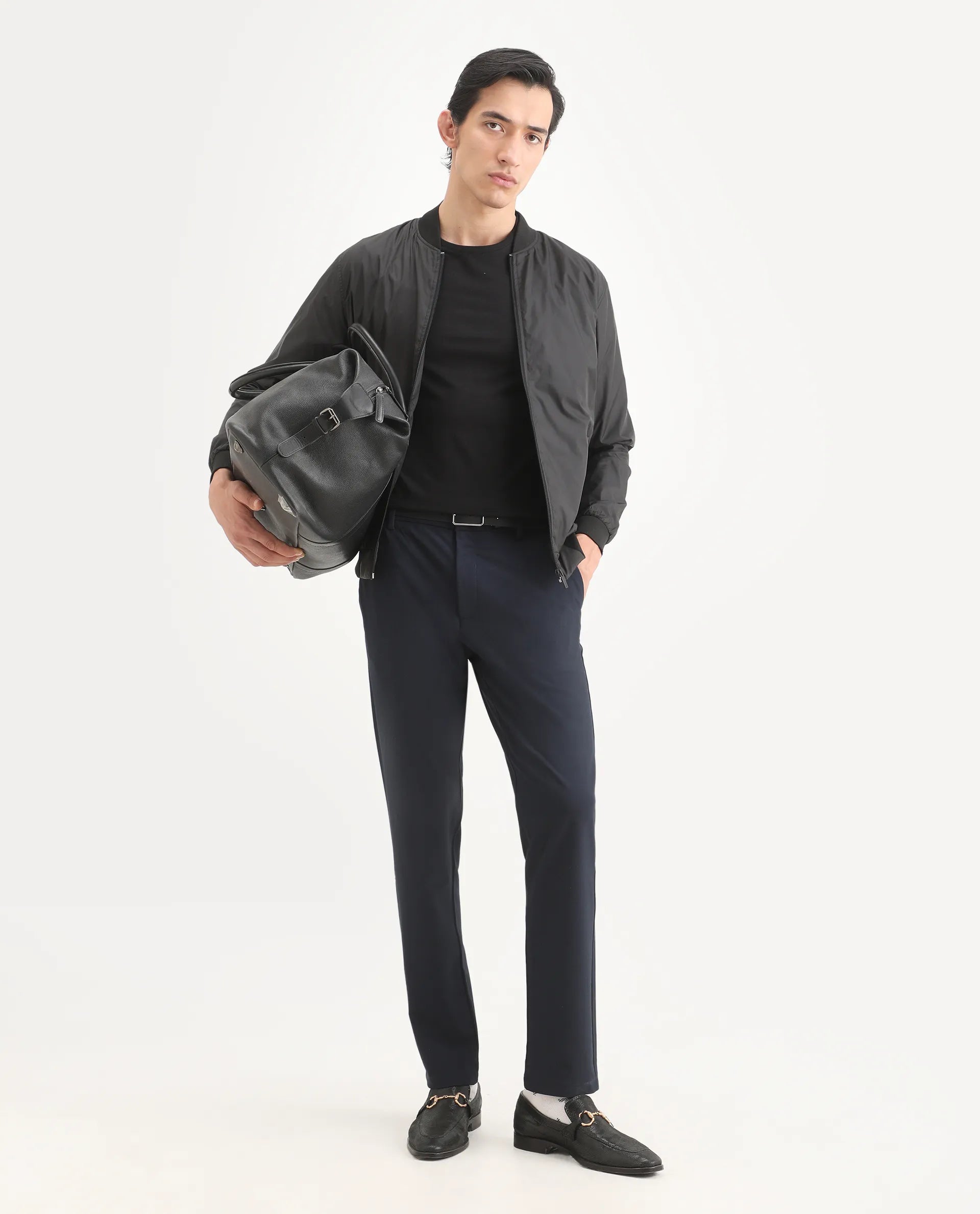 Rare Rabbit Men's Travel-Ss26 Navy Polyester Fabric Button And Zip Closure Closure Plain Trouser