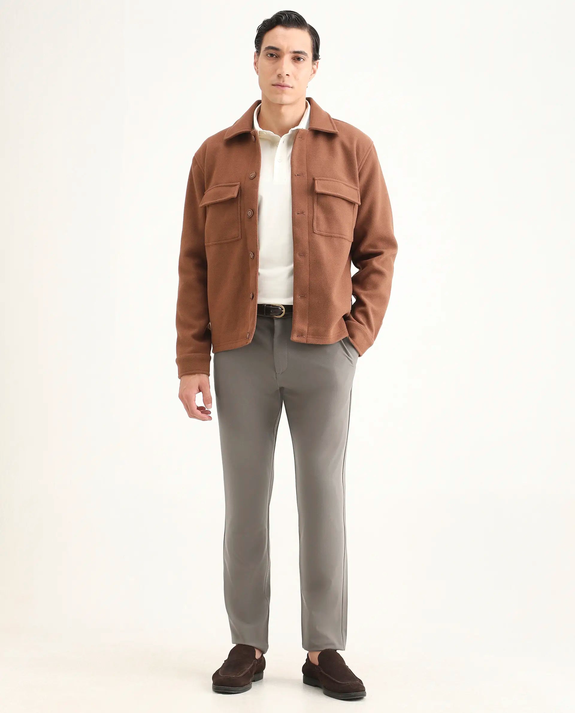 Rare Rabbit Men's Travel-Ss26 Dark Beige Polyester Fabric Button And Zip Closure Closure Plain Trouser
