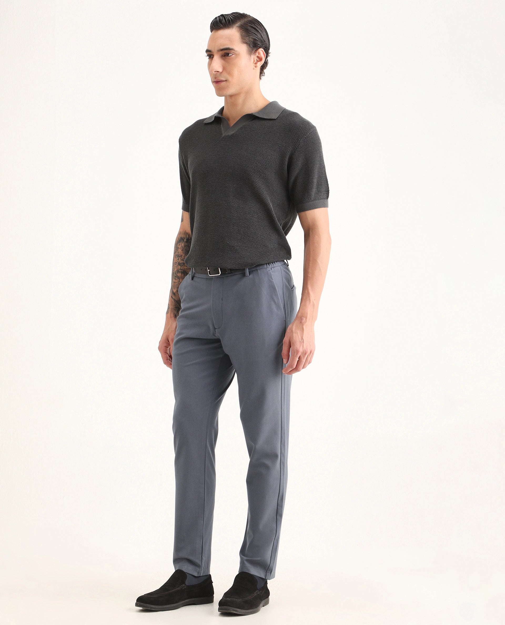 Rare Rabbit Men's Travel-Ss26 Dusky Blue Polyester Fabric Button And Zip Closure Closure Plain Trouser
