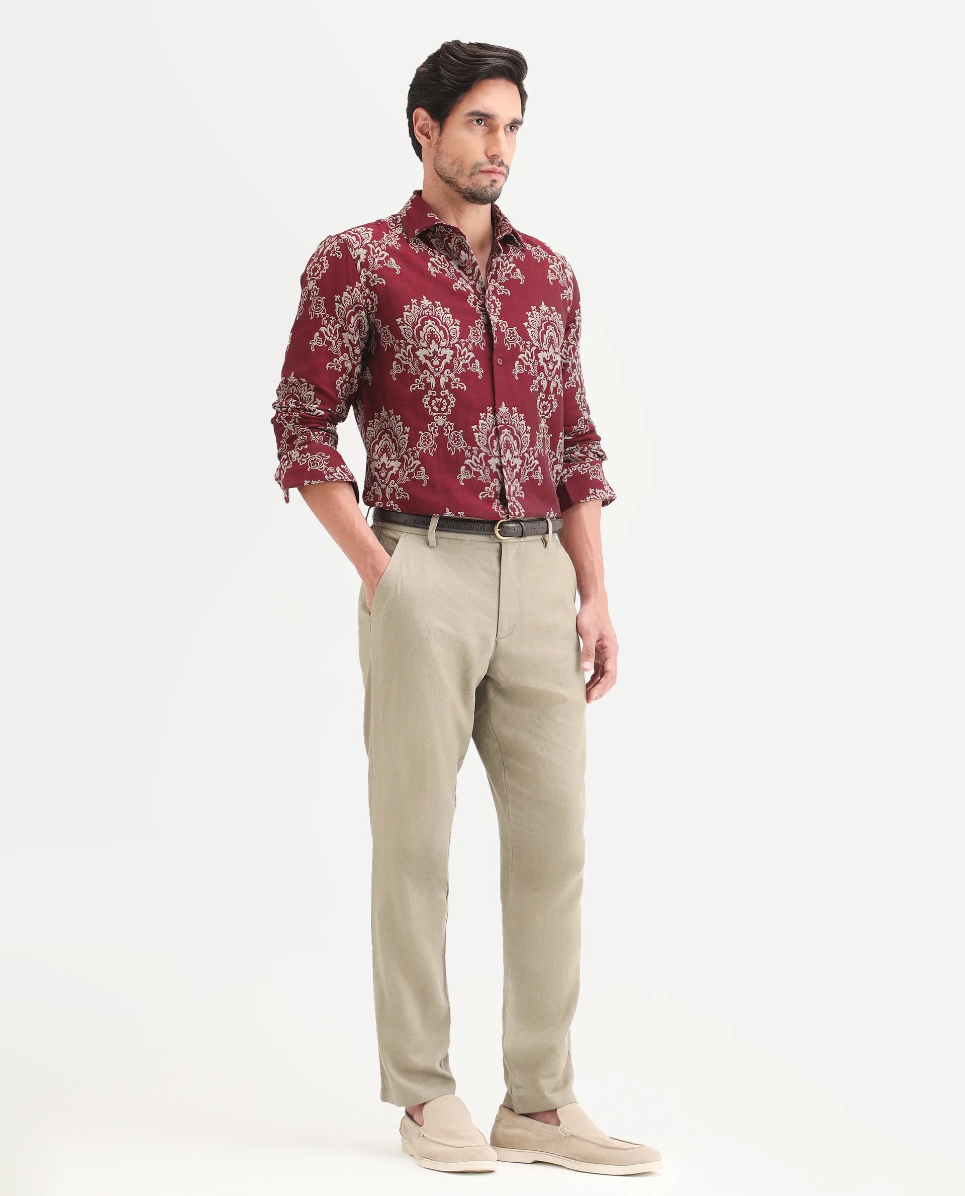 Rare Rabbit Men's Jomo-Ss26 Khaki Linen Blend Fabric Regular Fit Plain Trouser