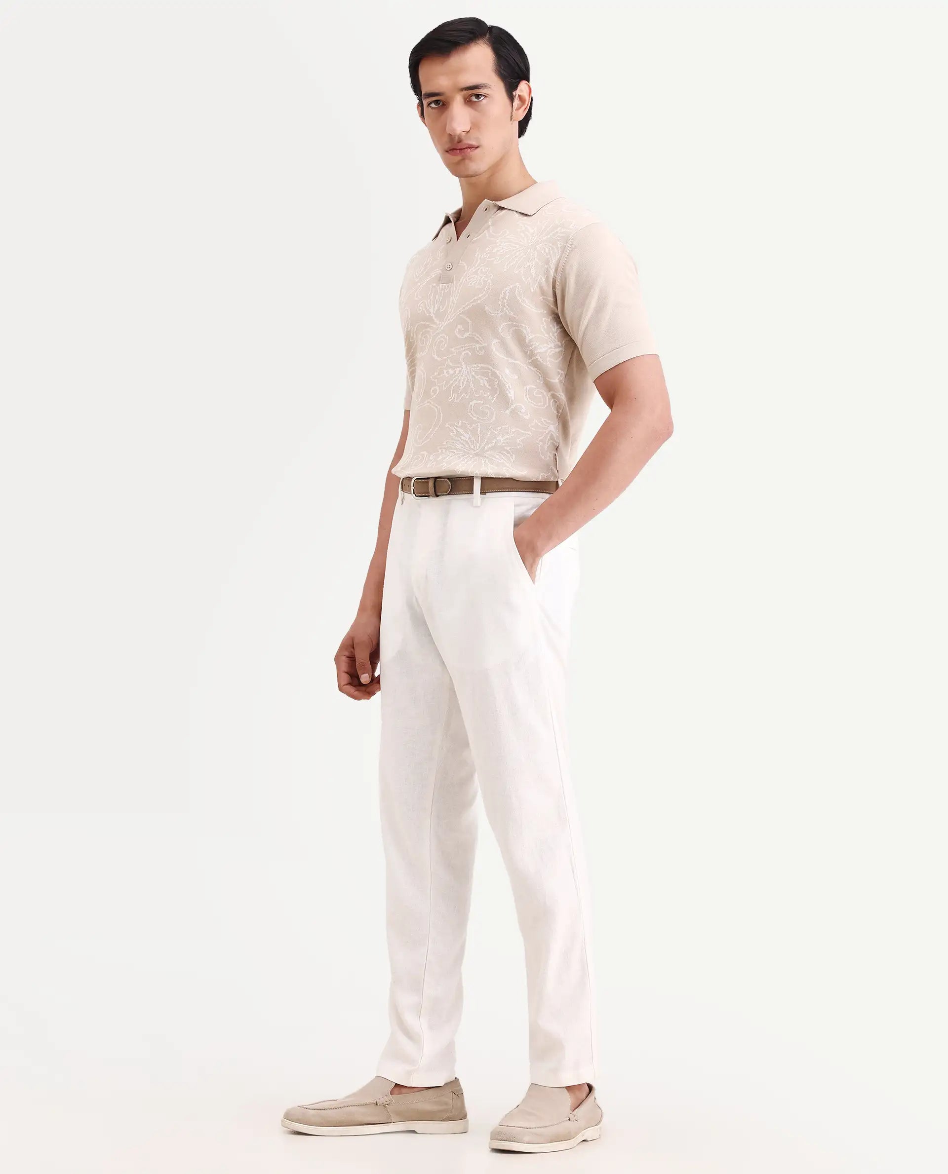 Rare Rabbit Men's Jomo-Ss26 Off White Linen Blend Fabric Regular Fit Plain Trouser