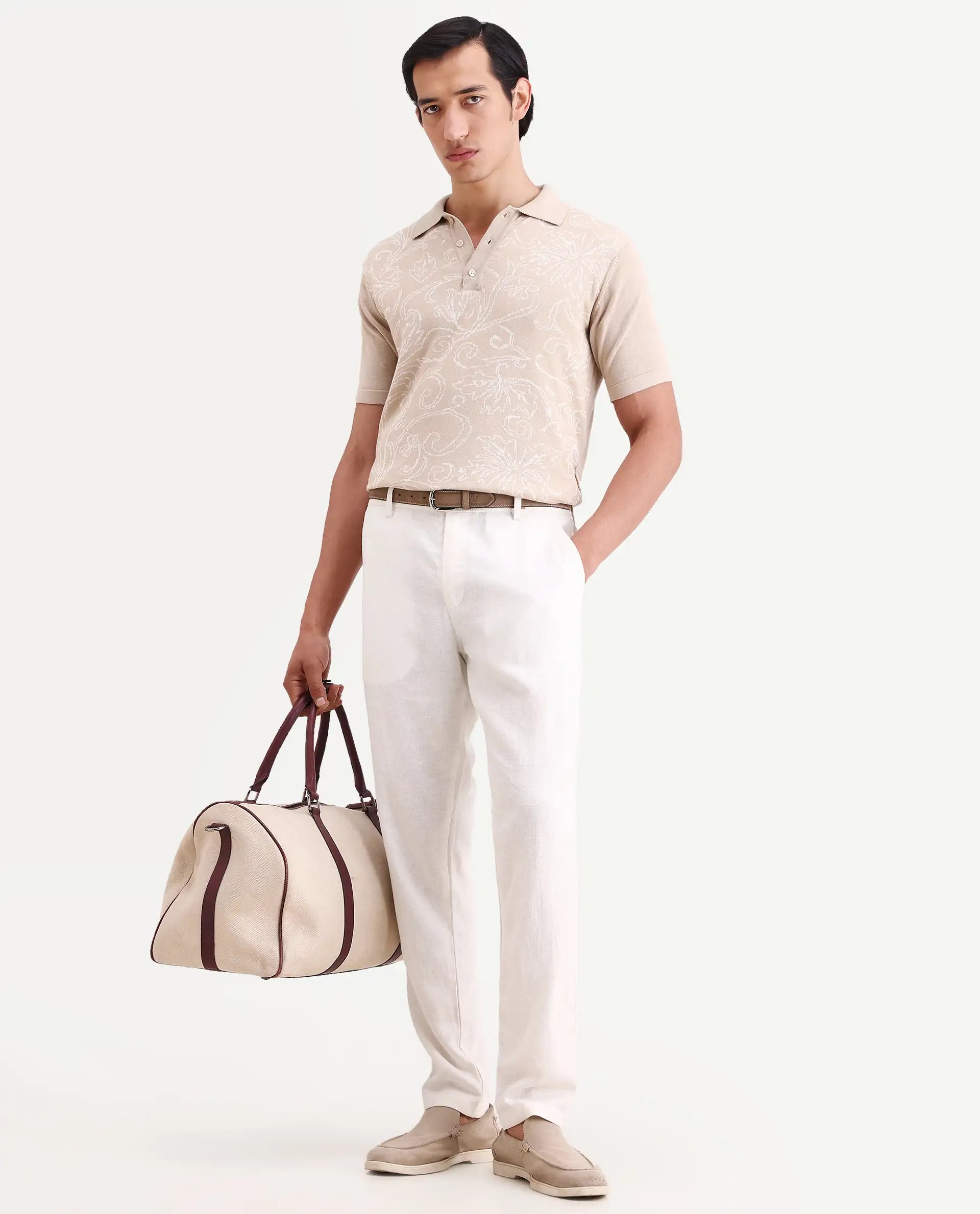 Rare Rabbit Men's Jomo-Ss26 Off White Linen Blend Fabric Regular Fit Plain Trouser