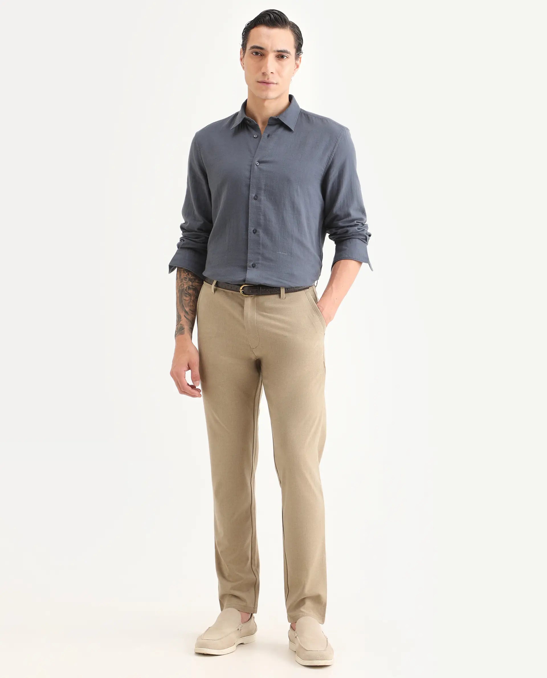 Rare Rabbit Men's Driver-Ss26 Khaki Polyester Blend Fabric Regular Fit Plain Trouser