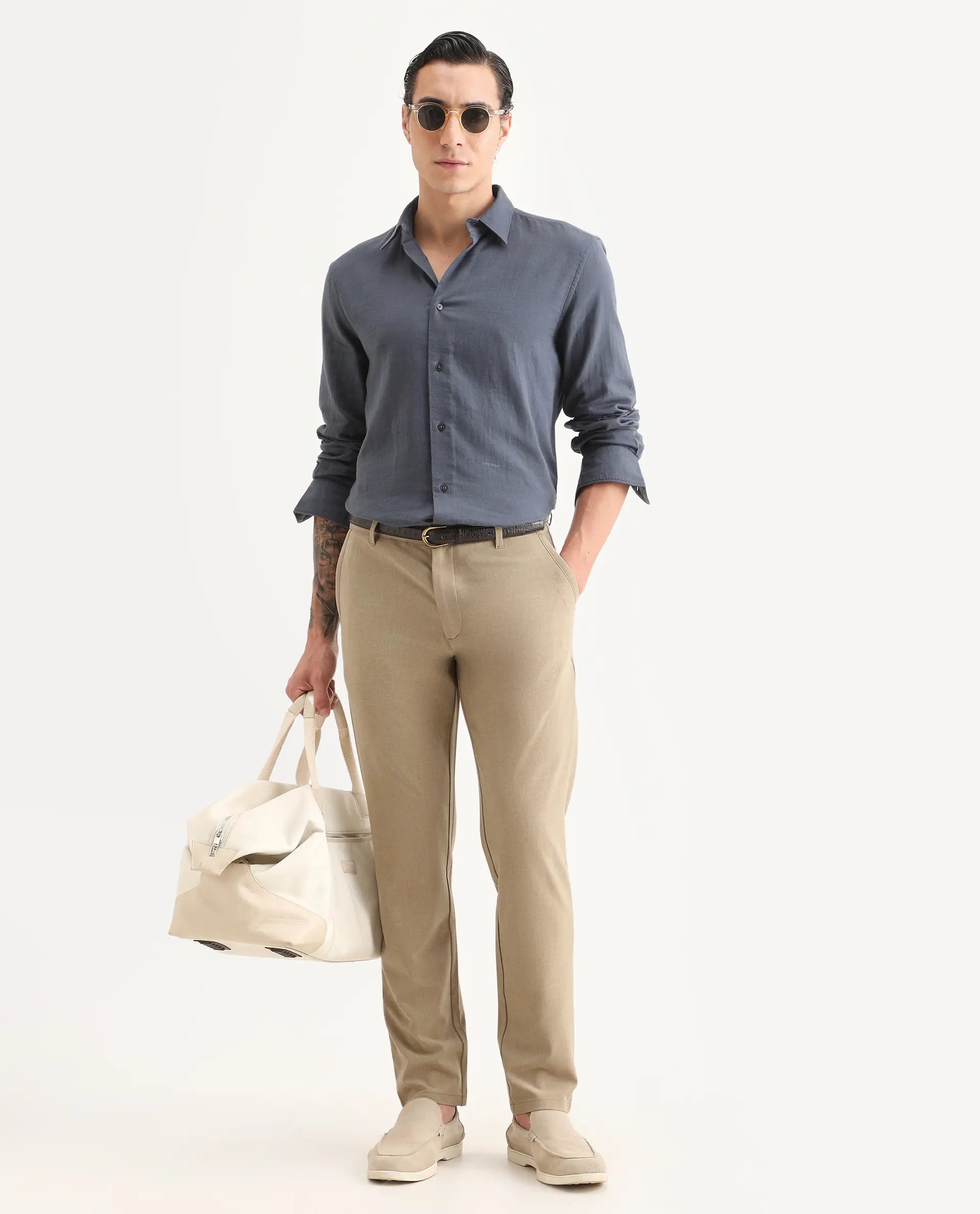 Rare Rabbit Men's Driver-Ss26 Khaki Polyester Blend Fabric Regular Fit Plain Trouser