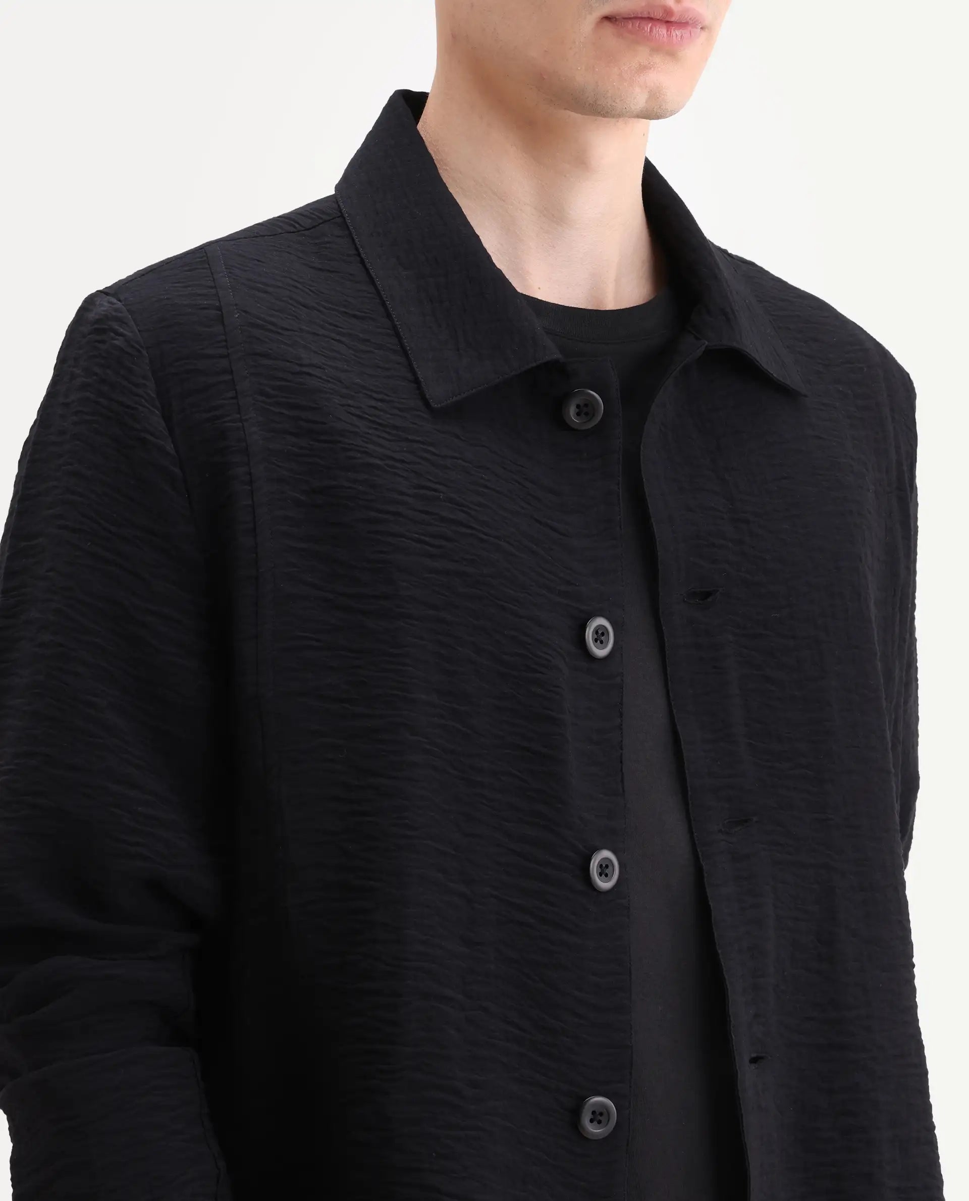 Rare Rabbit Men's Veon-J Black Viscose Blend Fabric Full Sleeve Spread Collar Regular Fit Plain Shacket