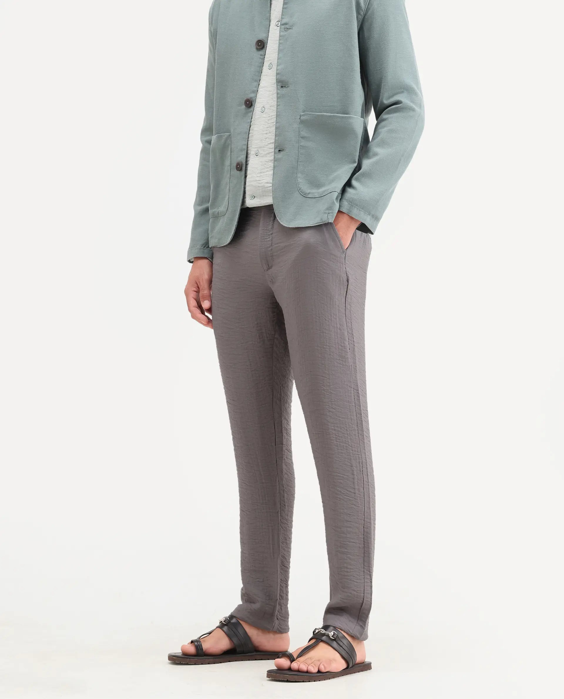 Rare Rabbit Men's Veon-T Dusky Grey Viscose Blend Fabric Regular Fit Plain Trouser