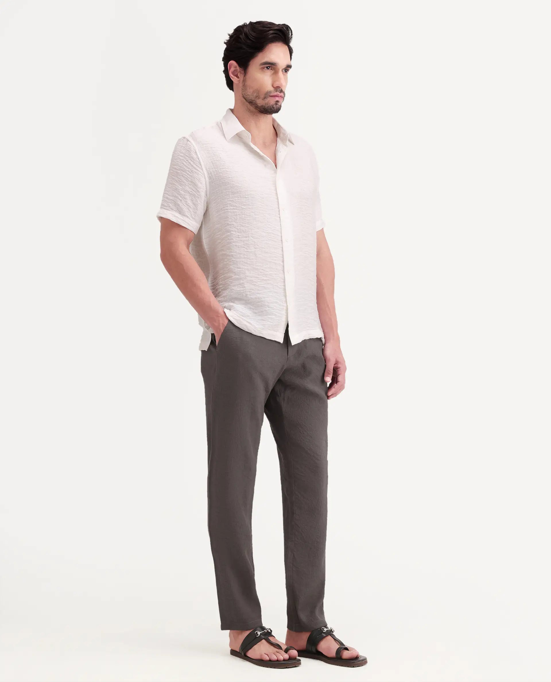 Rare Rabbit Men's Tali-T Dark Grey Viscose Blend Fabric Regular Fit Plain Trouser