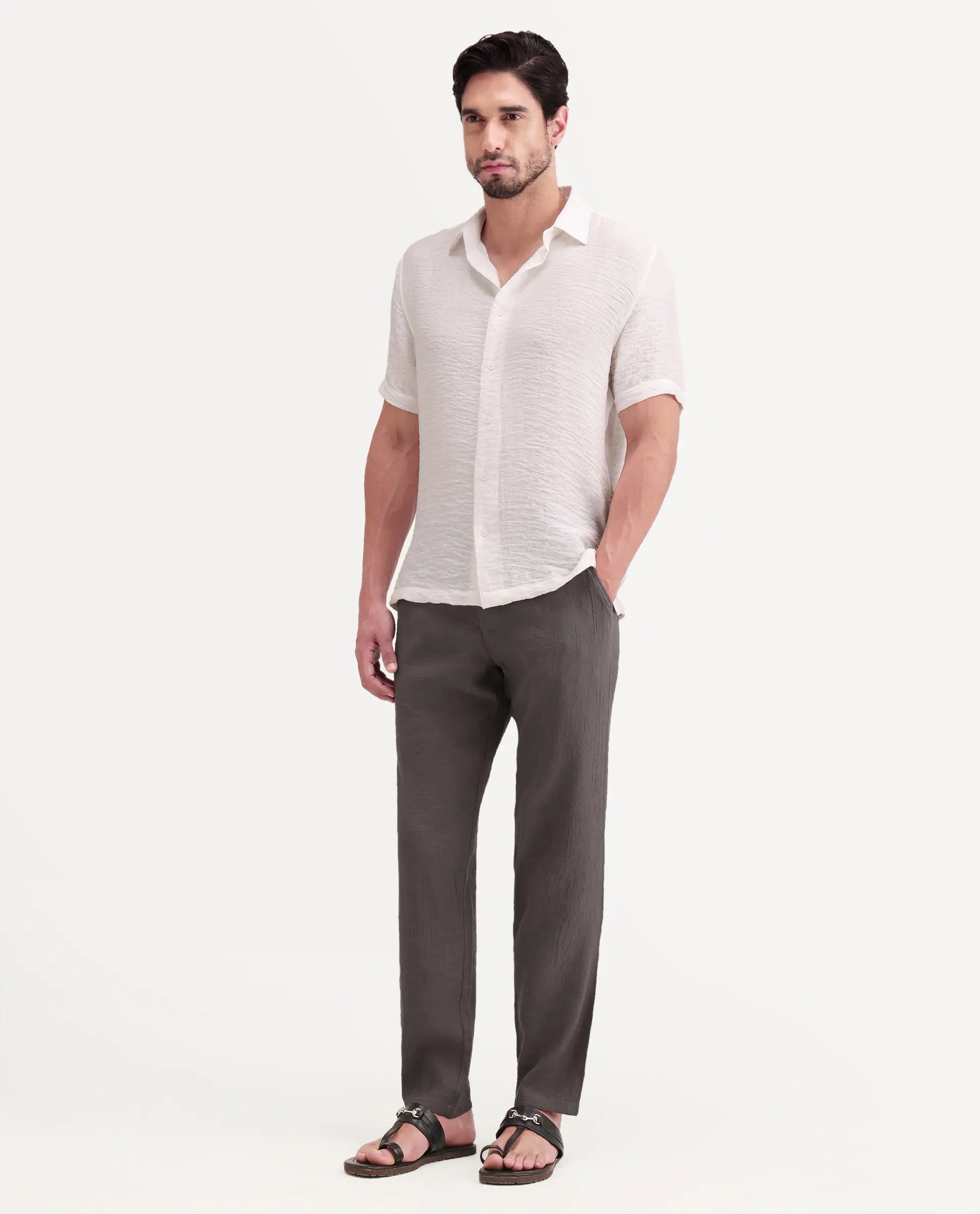 Rare Rabbit Men's Tali-T Dark Grey Viscose Blend Fabric Regular Fit Plain Trouser