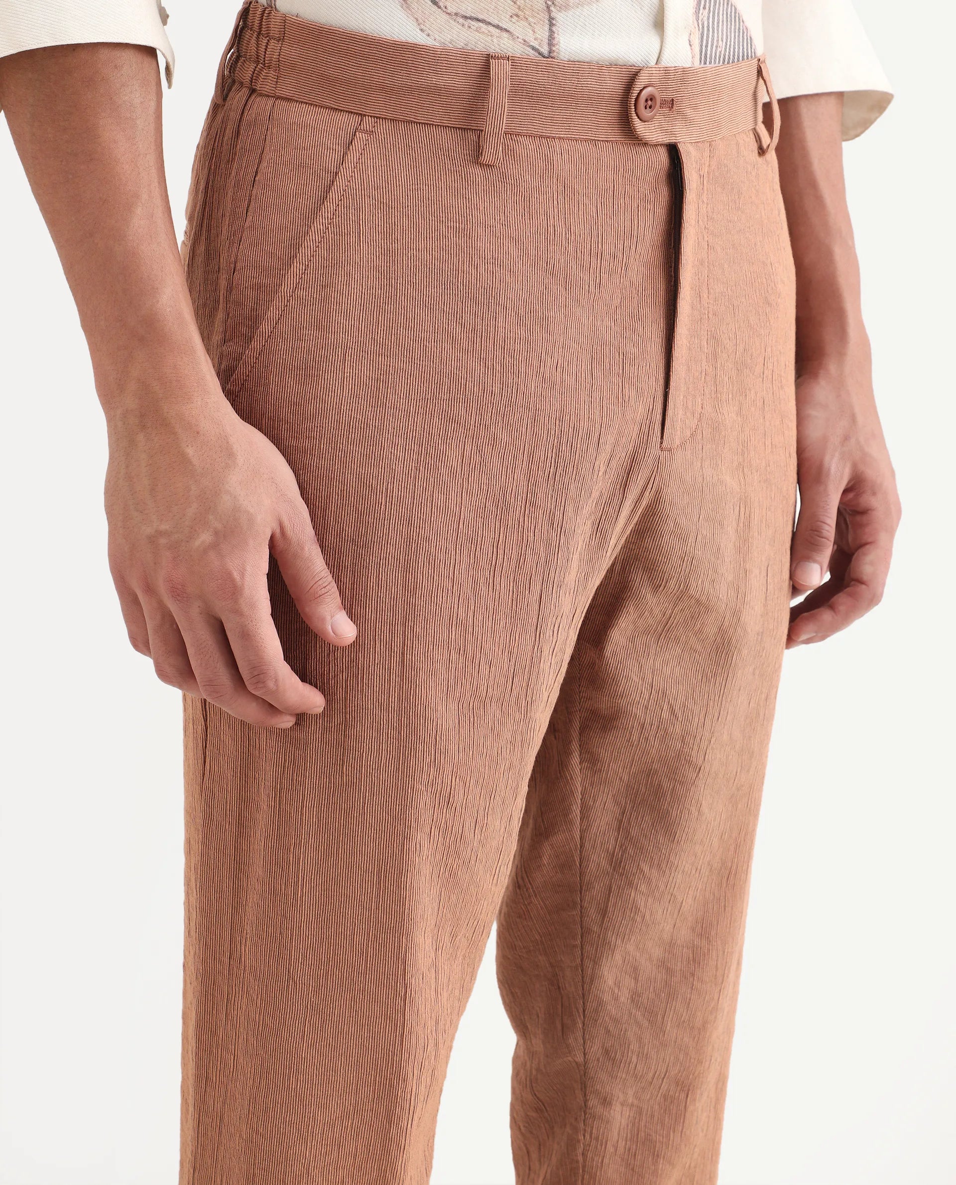 Rare Rabbit Men's Tali-T Dusky Rust Viscose Blend Fabric Regular Fit Plain Trouser