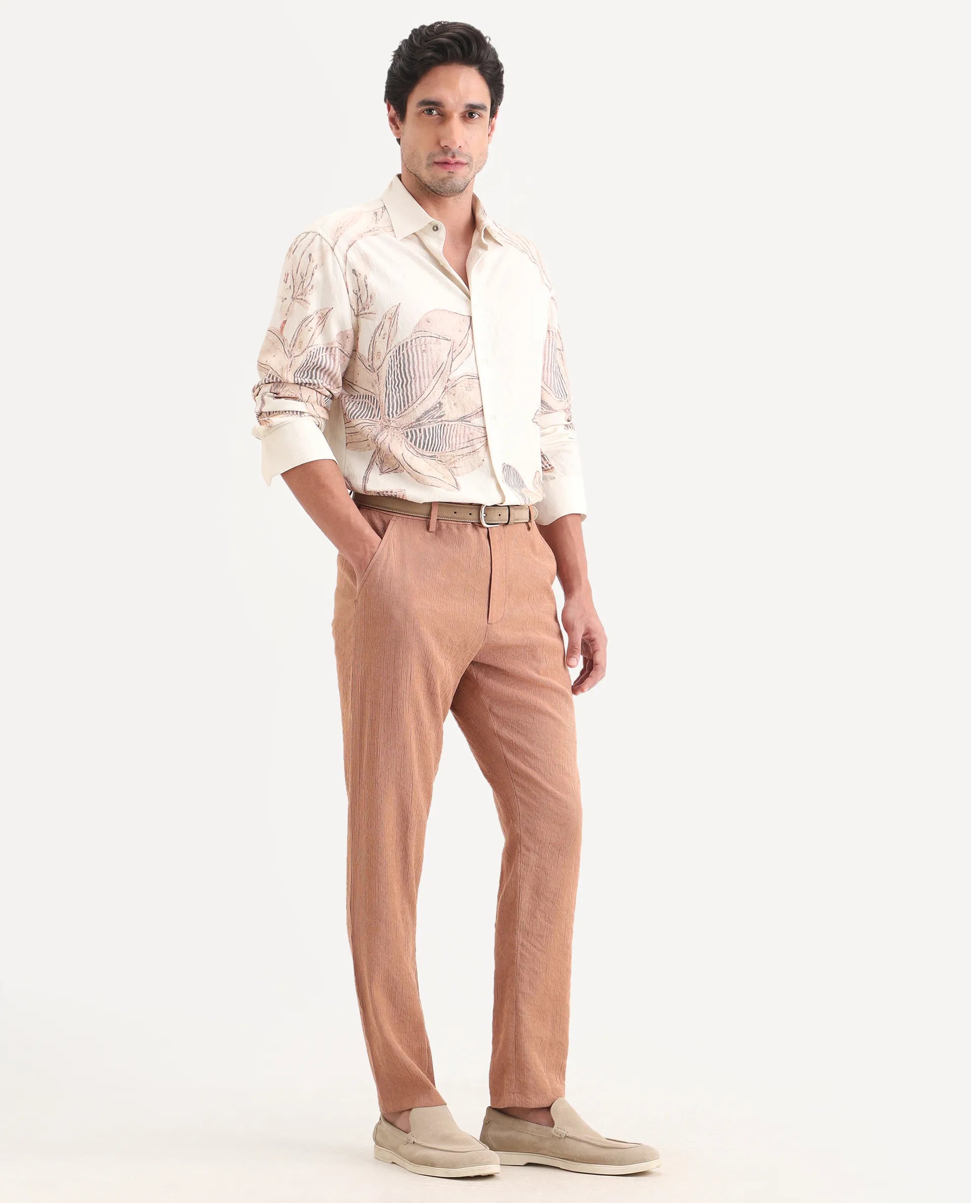 Rare Rabbit Men's Tali-T Dusky Rust Viscose Blend Fabric Regular Fit Plain Trouser