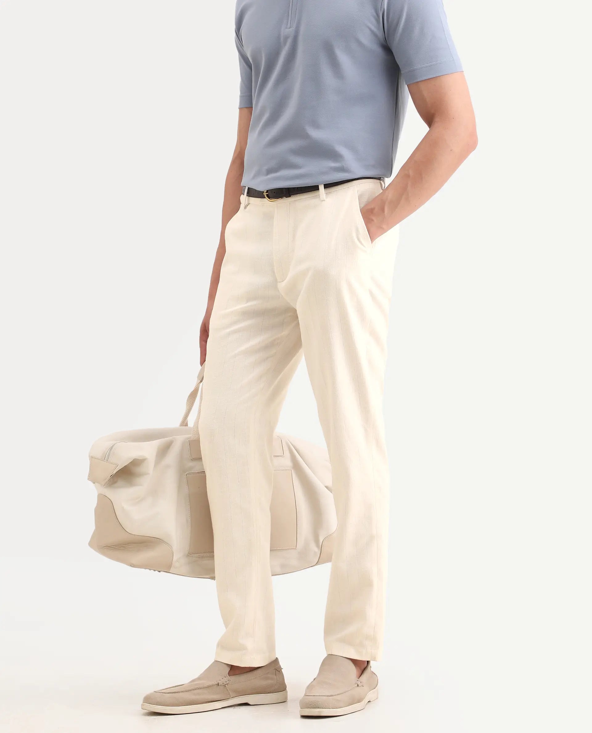 Rare Rabbit Men's Jlo-Ss26 Beige Linen Blend Fabric Regular Fit Striped Trouser
