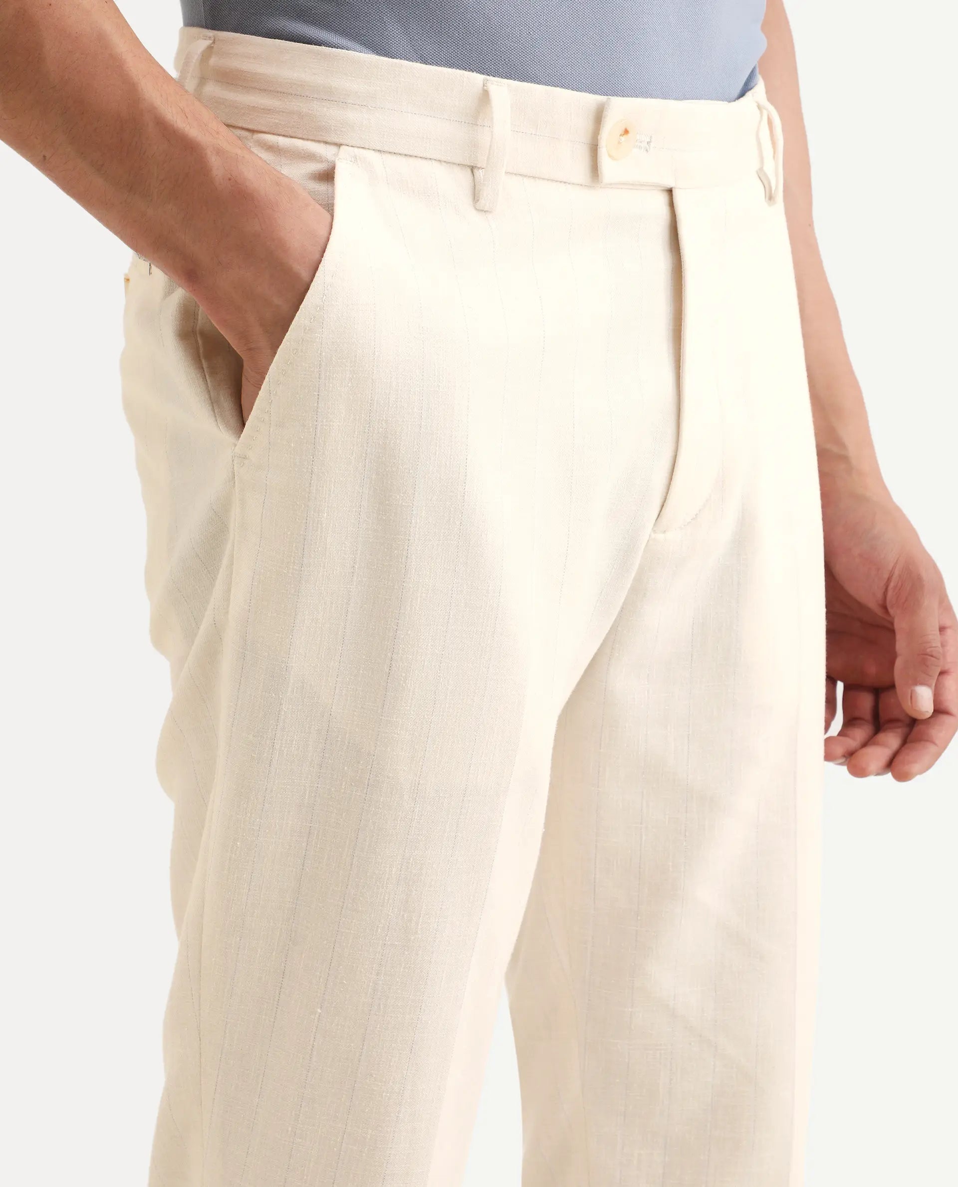 Rare Rabbit Men's Jlo-Ss26 Beige Linen Blend Fabric Regular Fit Striped Trouser