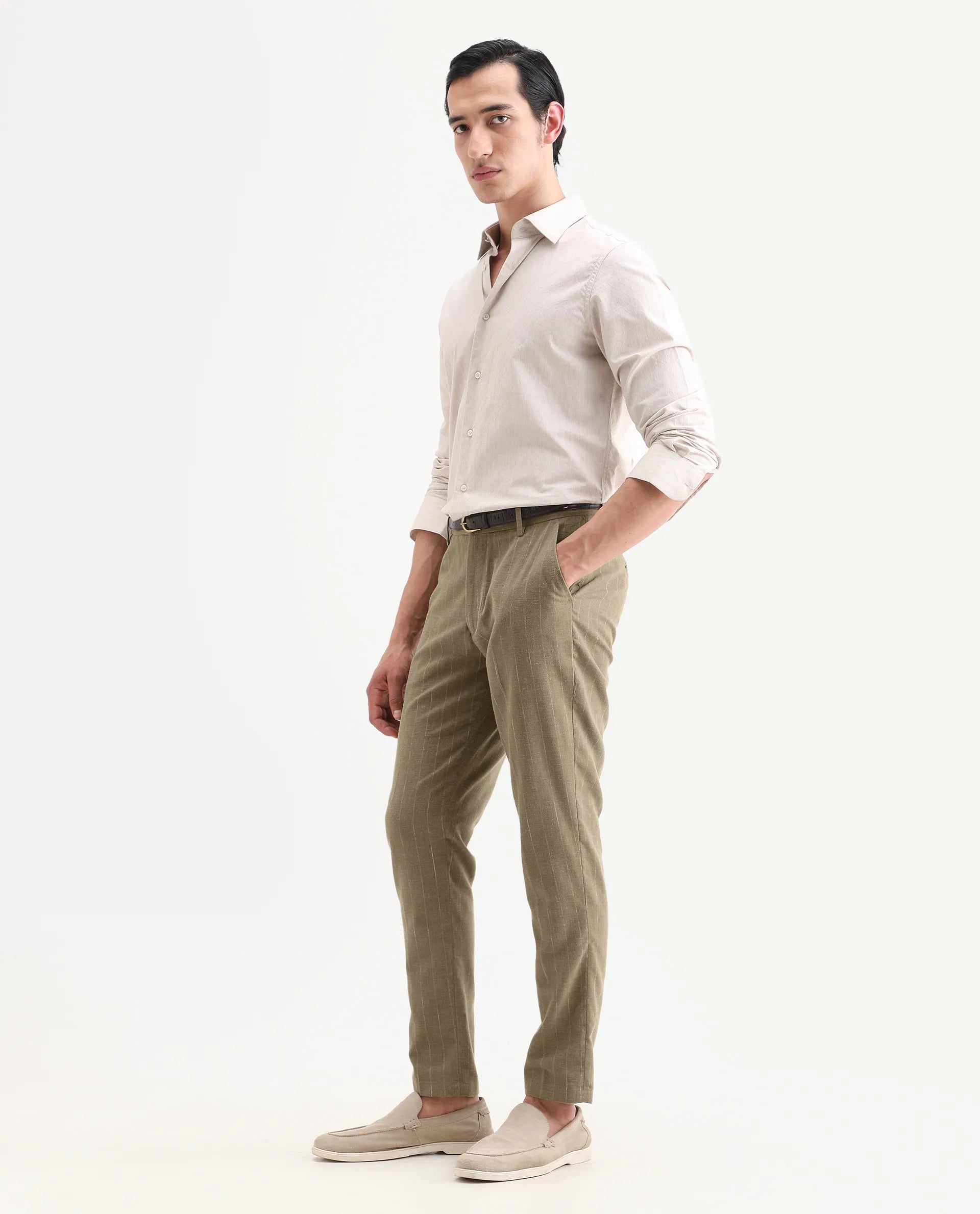 Rare Rabbit Men's Jlo-Ss26 Khaki Linen Blend Fabric Regular Fit Striped Trouser