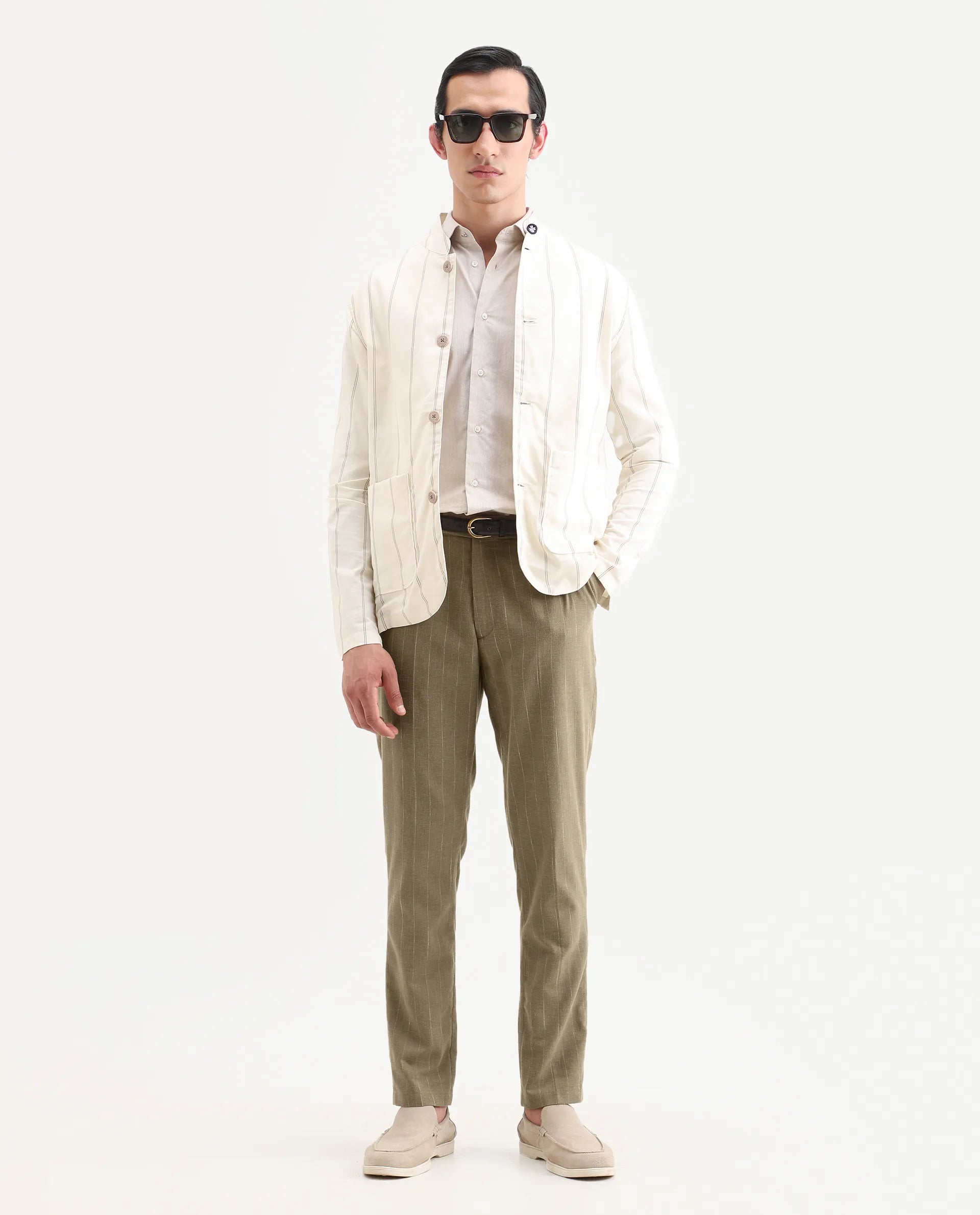 Rare Rabbit Men's Jlo-Ss26 Khaki Linen Blend Fabric Regular Fit Striped Trouser