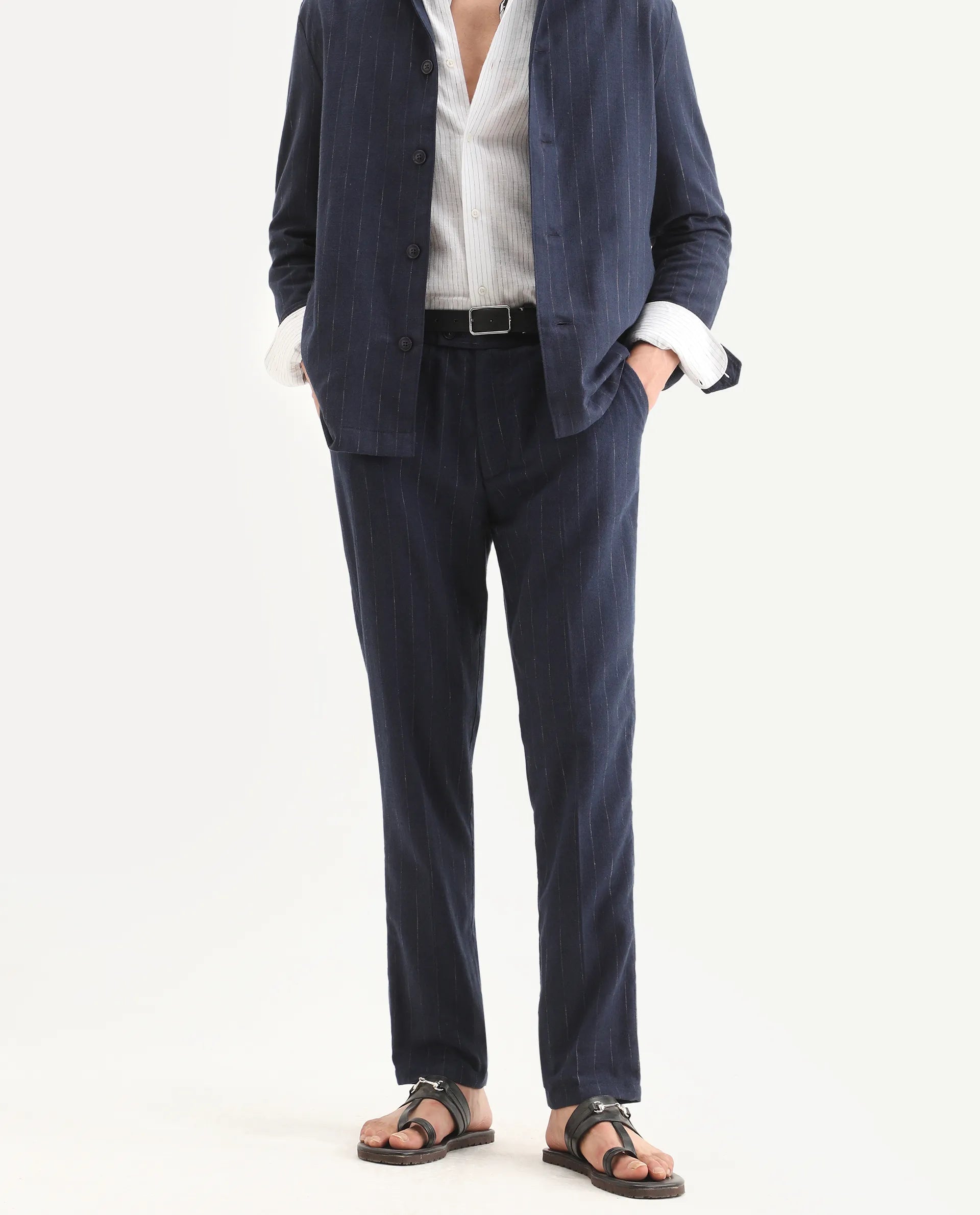 Rare Rabbit Men's Jlo-Ss26 Navy Linen Blend Fabric Regular Fit Striped Trouser