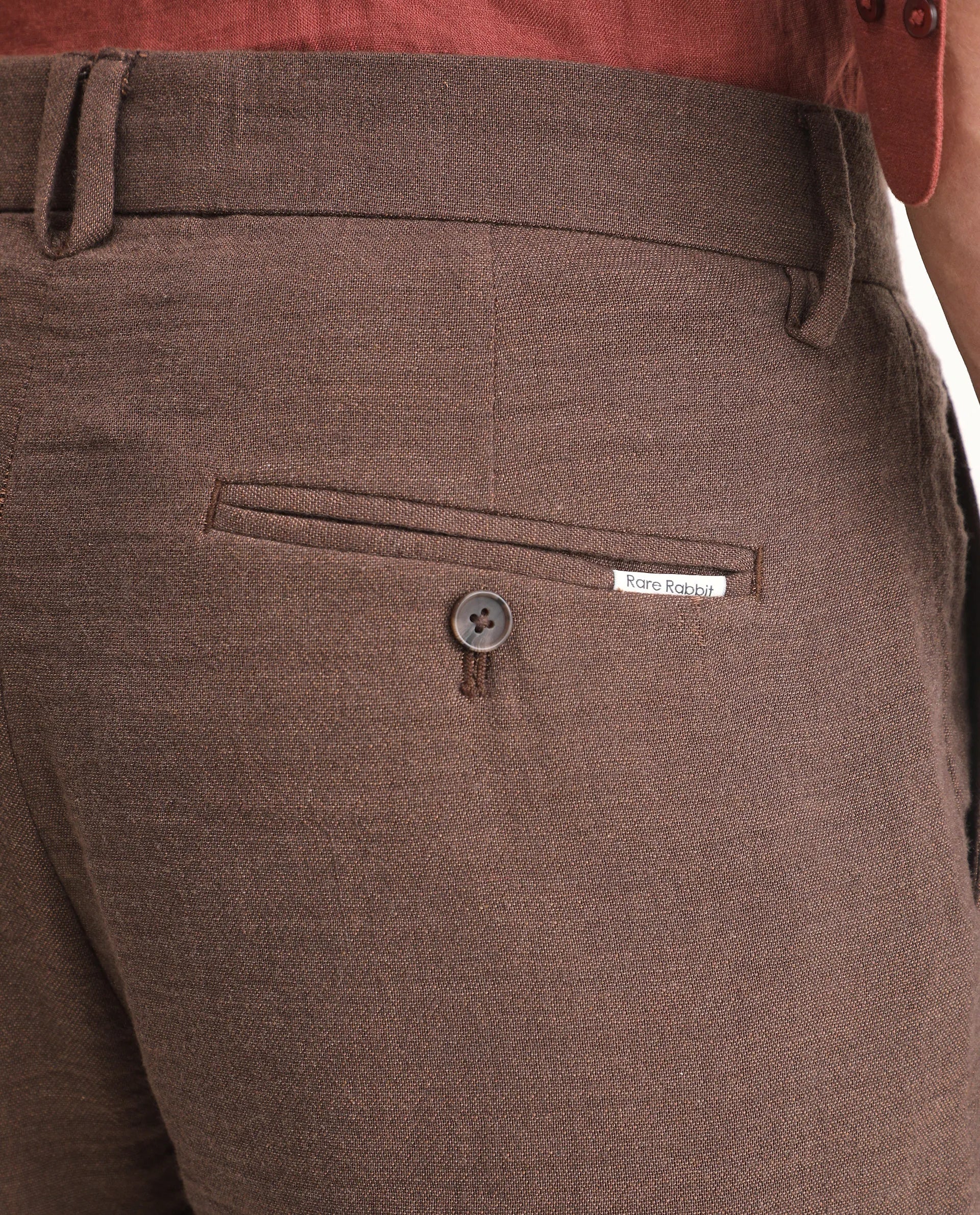 Rare Rabbit Men's Post Brown Cotton Blend Fabric Regular Fit Plain Trouser