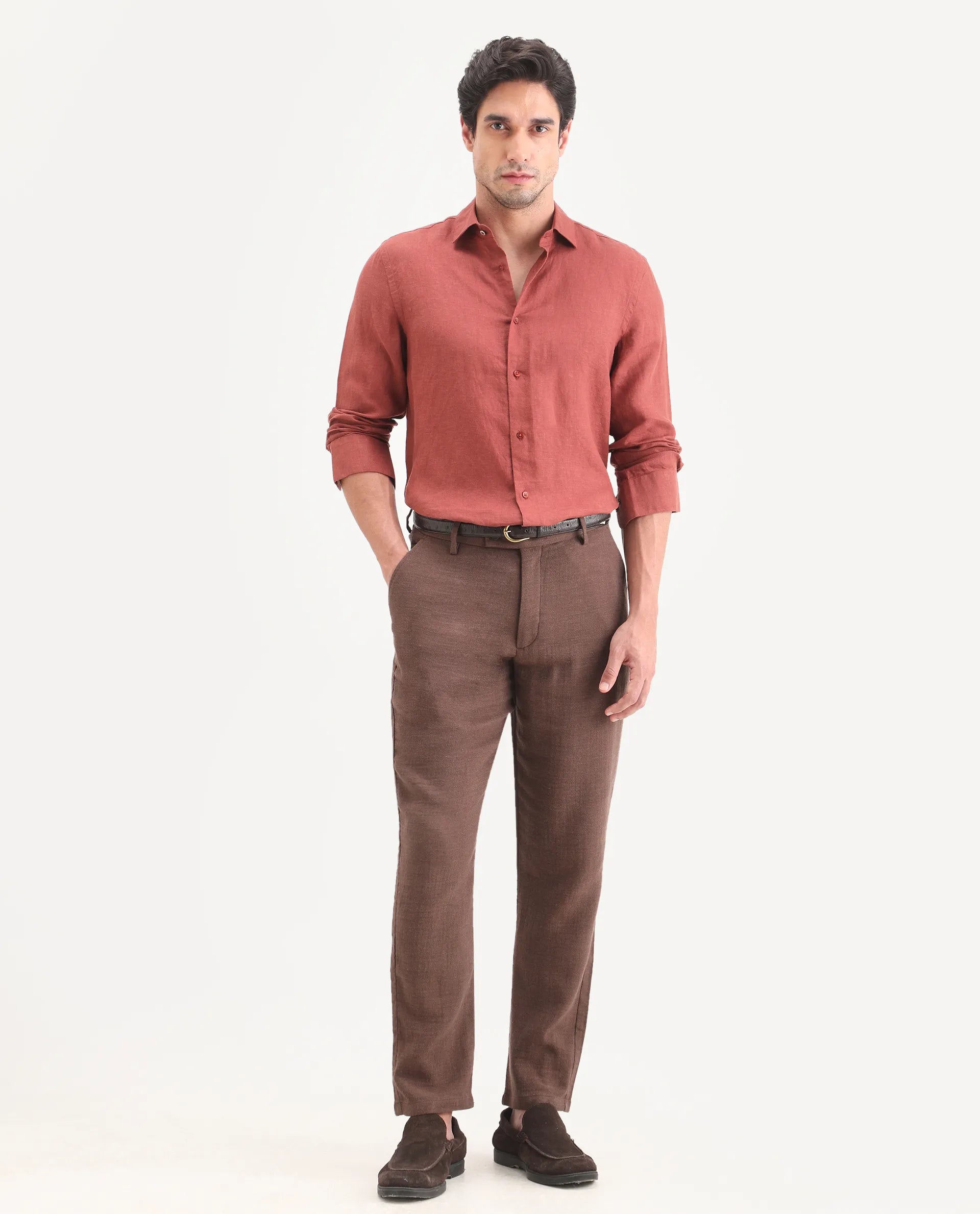 Rare Rabbit Men's Post Brown Cotton Blend Fabric Regular Fit Plain Trouser