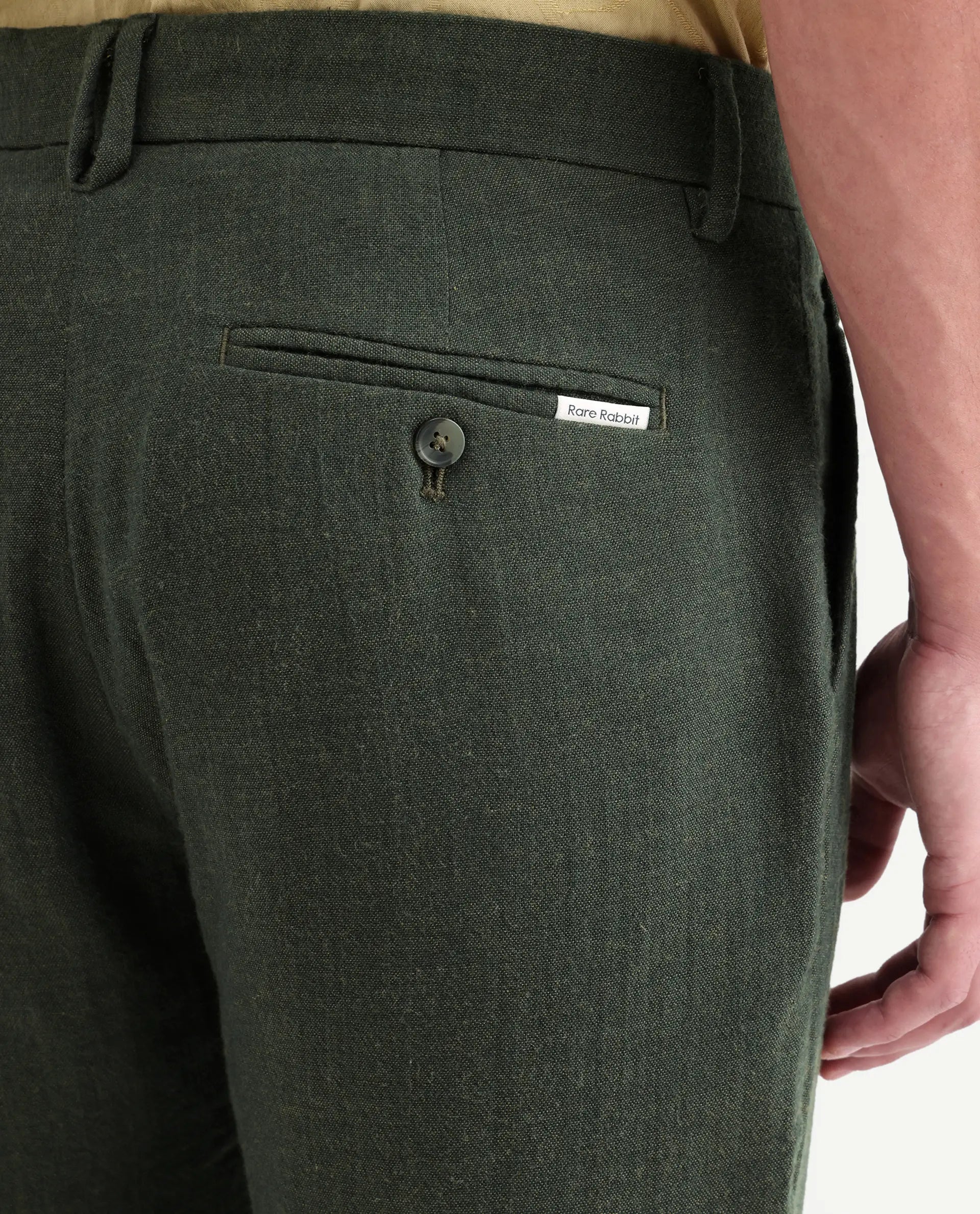 Rare Rabbit Men's Post Olive Cotton Blend Fabric Regular Fit Plain Trouser