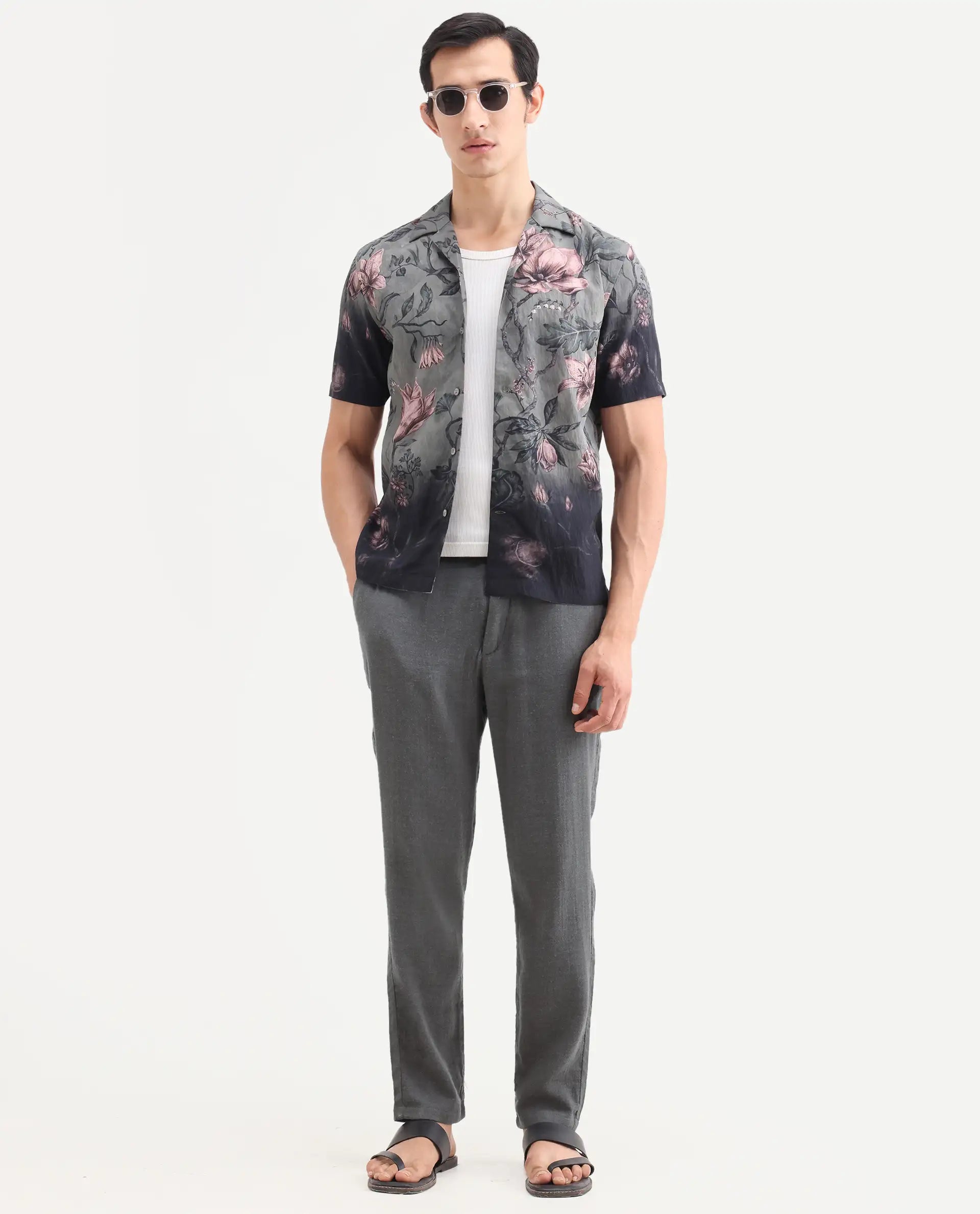 Rare Rabbit Men's Post Grey Cotton Blend Fabric Regular Fit Plain Trouser