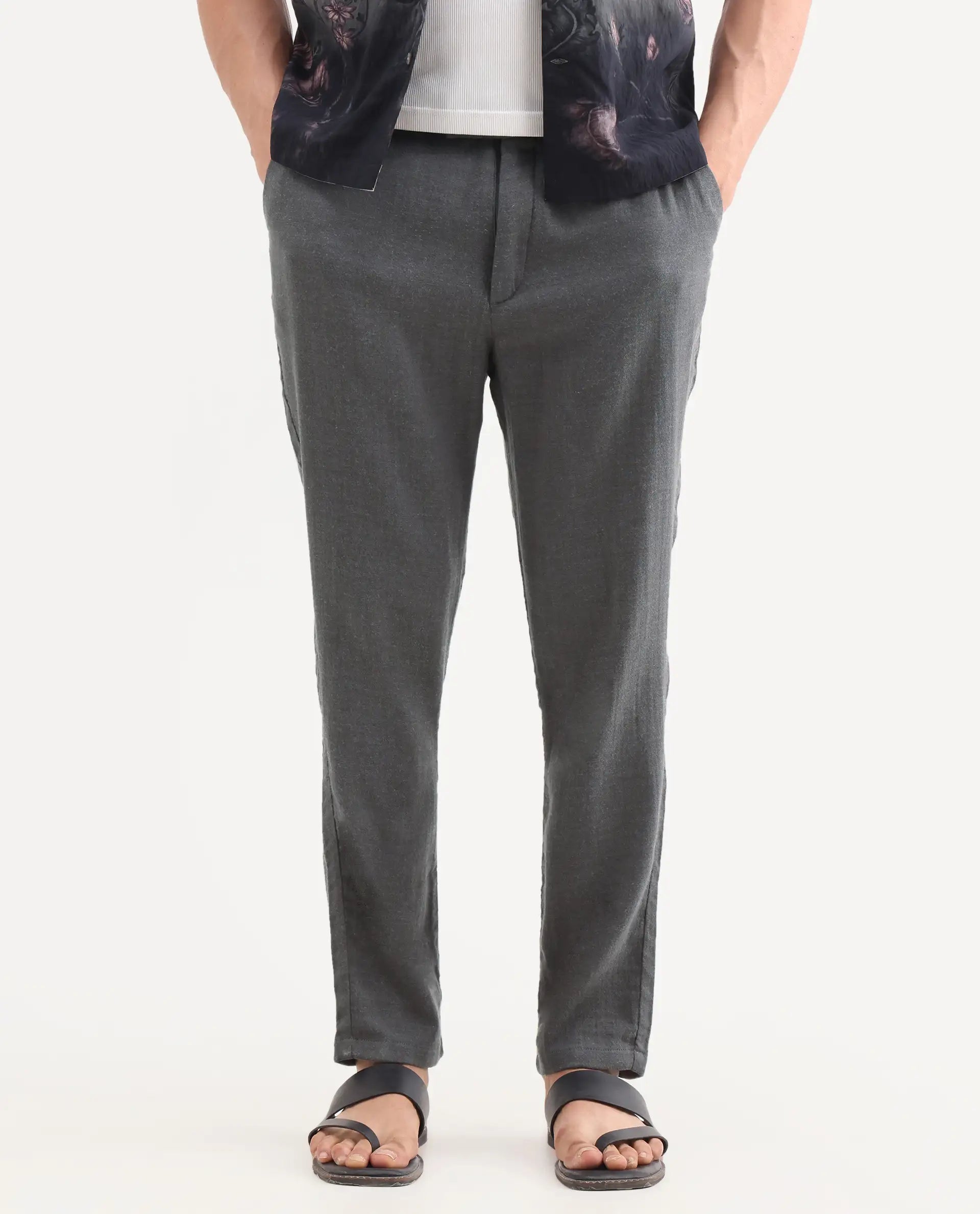 Rare Rabbit Men's Post Grey Cotton Blend Fabric Regular Fit Plain Trouser