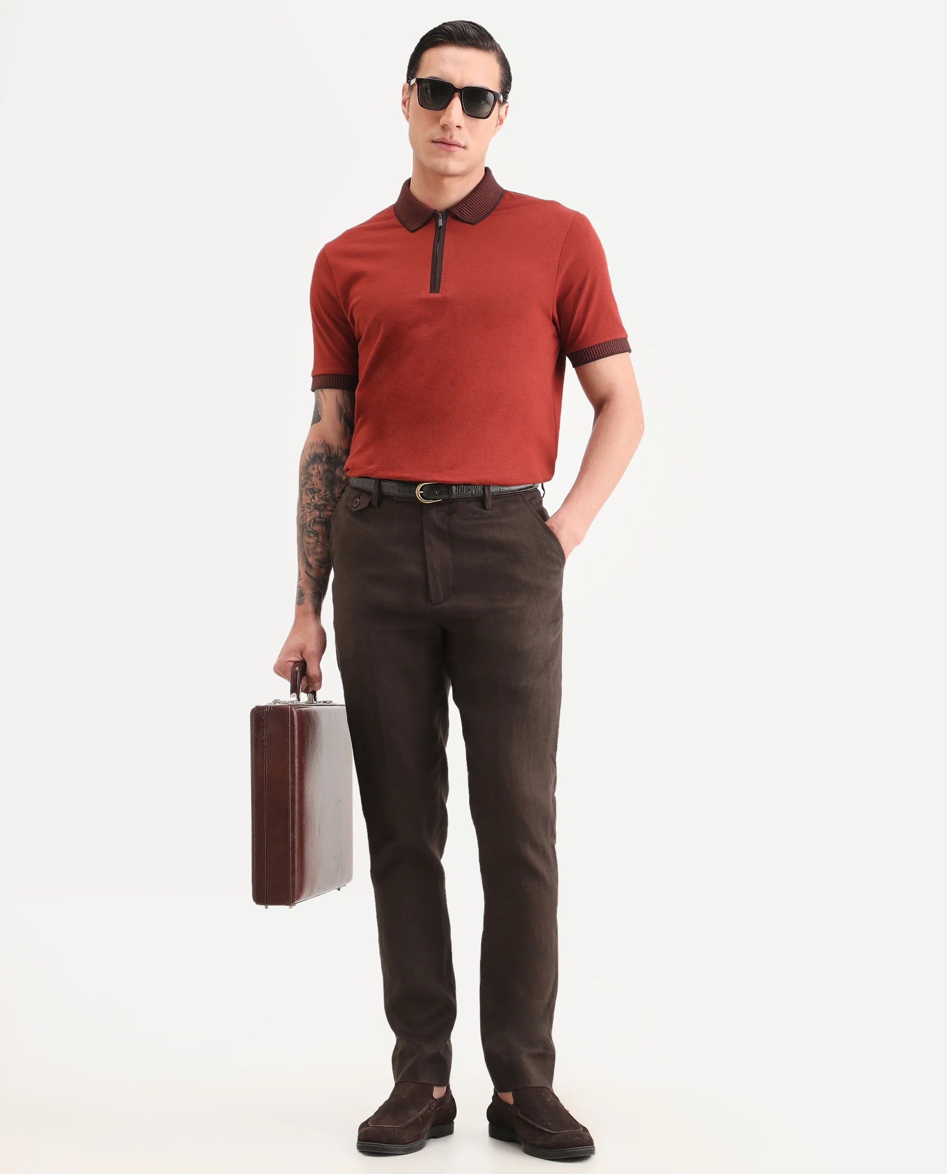Rare Rabbit Men's Arcelo-Ss26 Dark Brown 100% Linen Fabric Regular Fit Plain Trouser