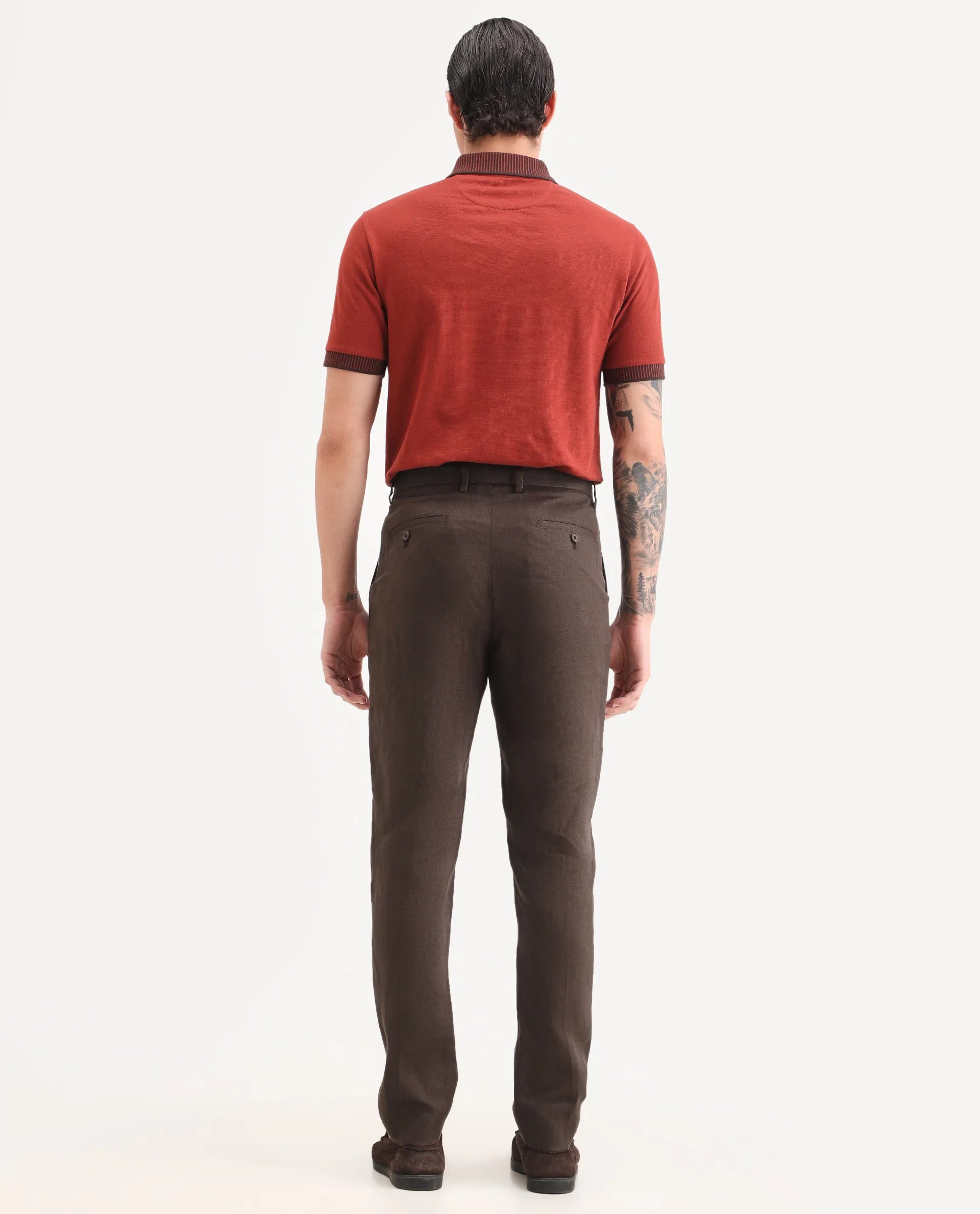 Rare Rabbit Men's Arcelo-Ss26 Dark Brown 100% Linen Fabric Regular Fit Plain Trouser