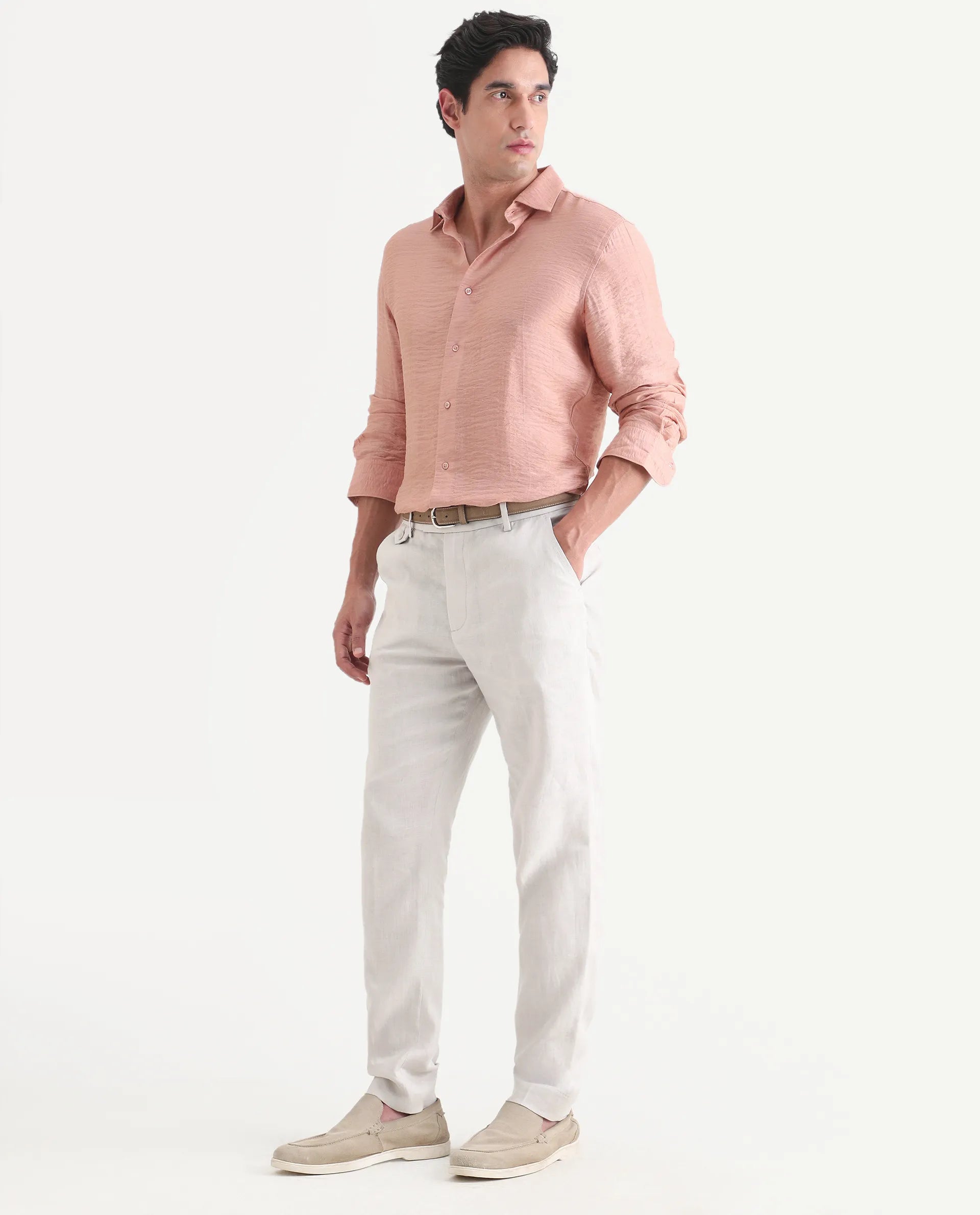 Rare Rabbit Men's Arcelo-Ss26 Off White 100% Linen Fabric Regular Fit Plain Trouser