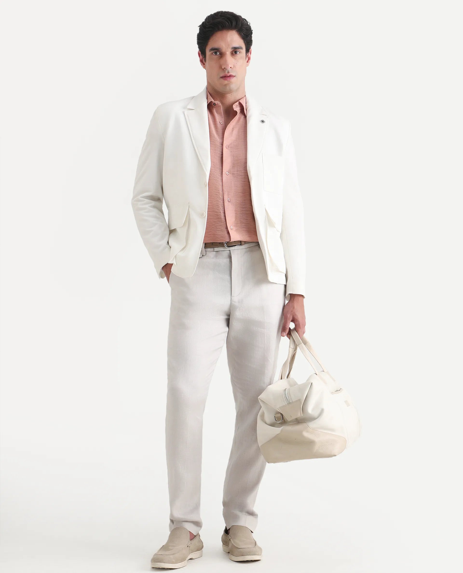 Rare Rabbit Men's Arcelo-Ss26 Off White 100% Linen Fabric Regular Fit Plain Trouser
