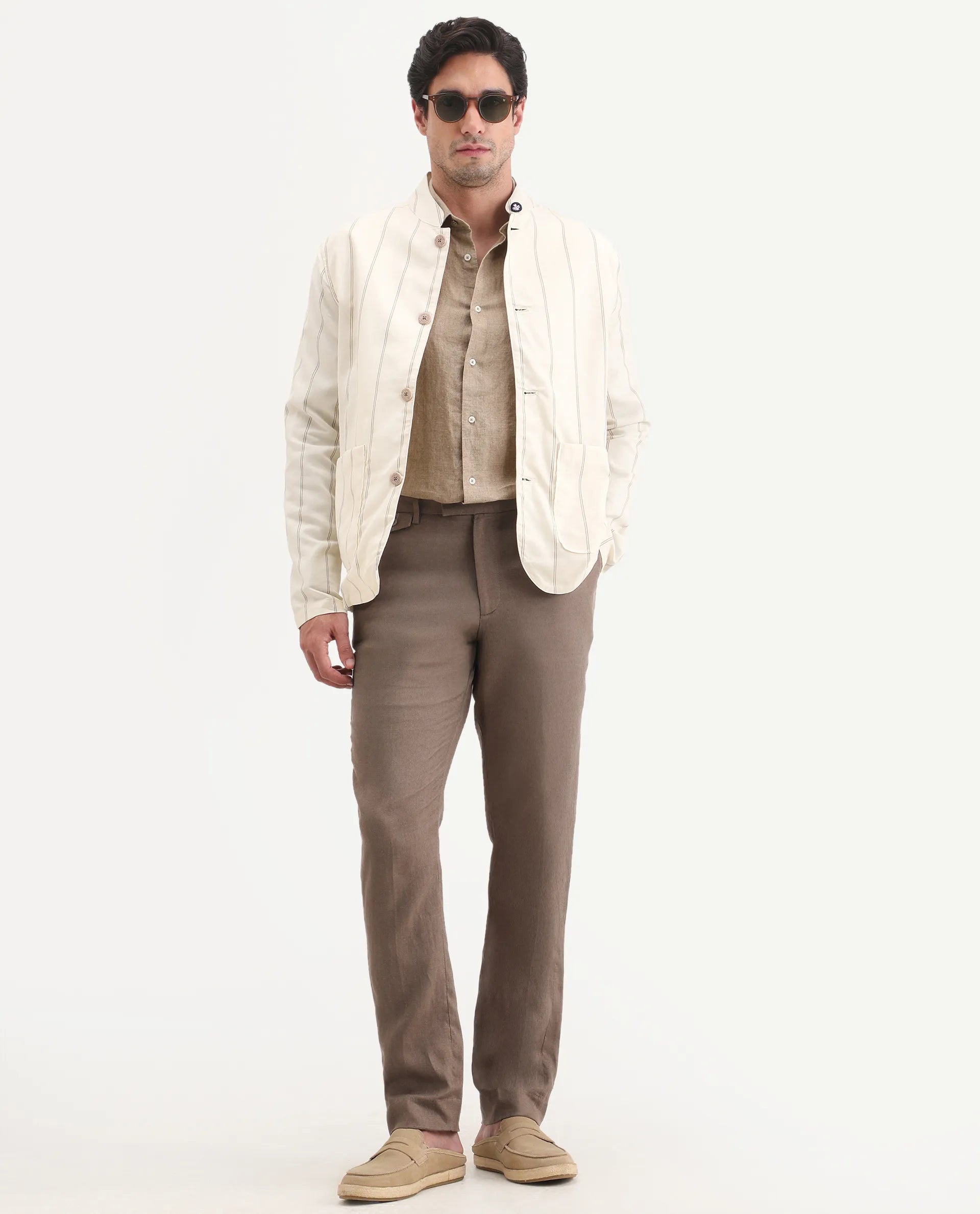 Rare Rabbit Men's Arcelo-Ss26 Light Brown 100% Linen Fabric Regular Fit Plain Trouser
