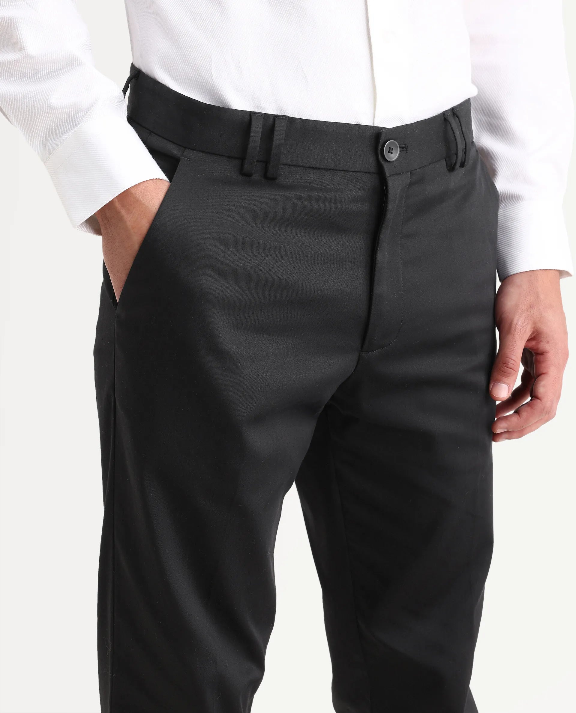 Rare Rabbit Men's Swat Black Cotton Blend Fabric Regular Fit Plain Trouser