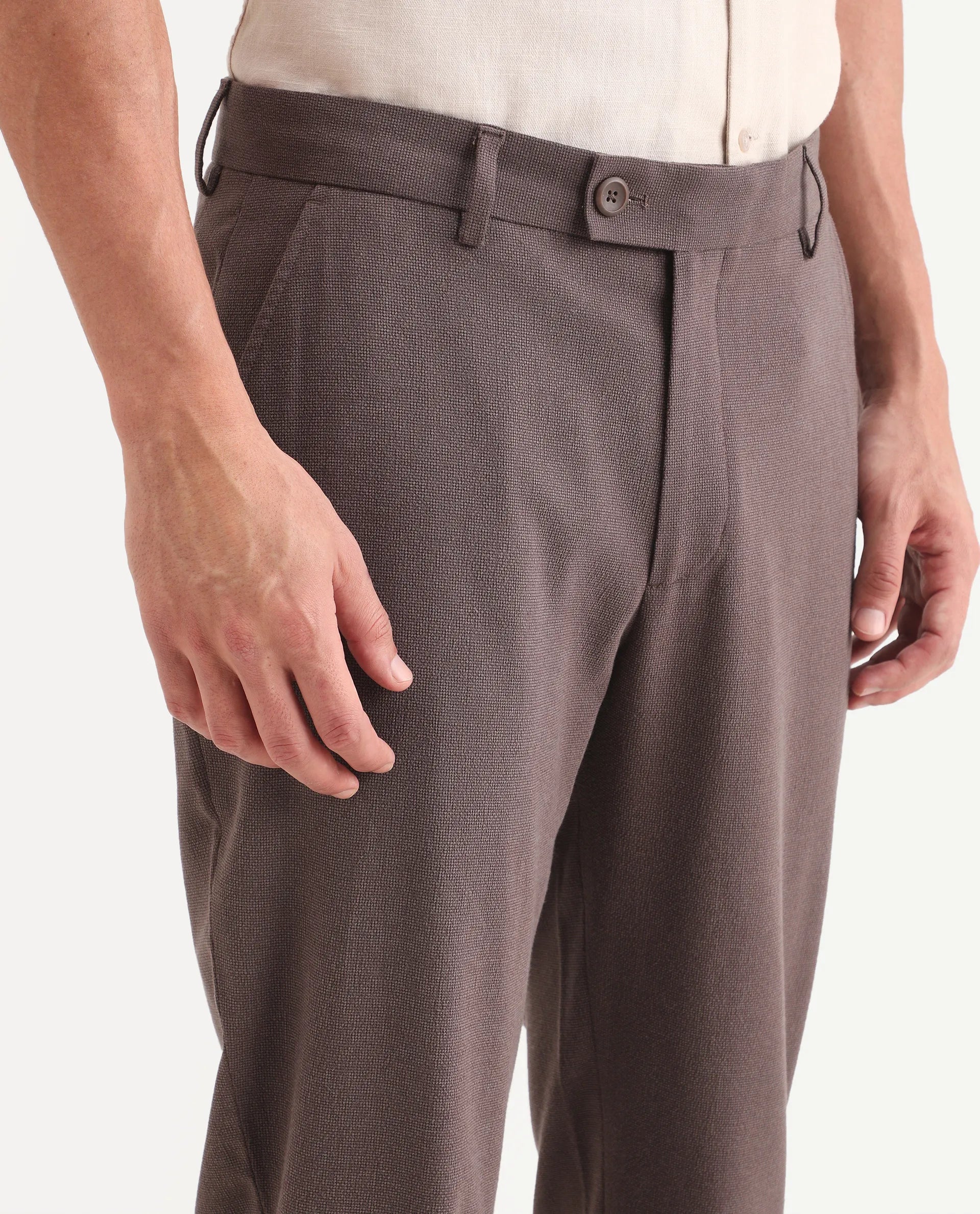 Rare Rabbit Men's Trove Dusky Brown Polyester Blend Fabric Regular Fit Textured Trouser