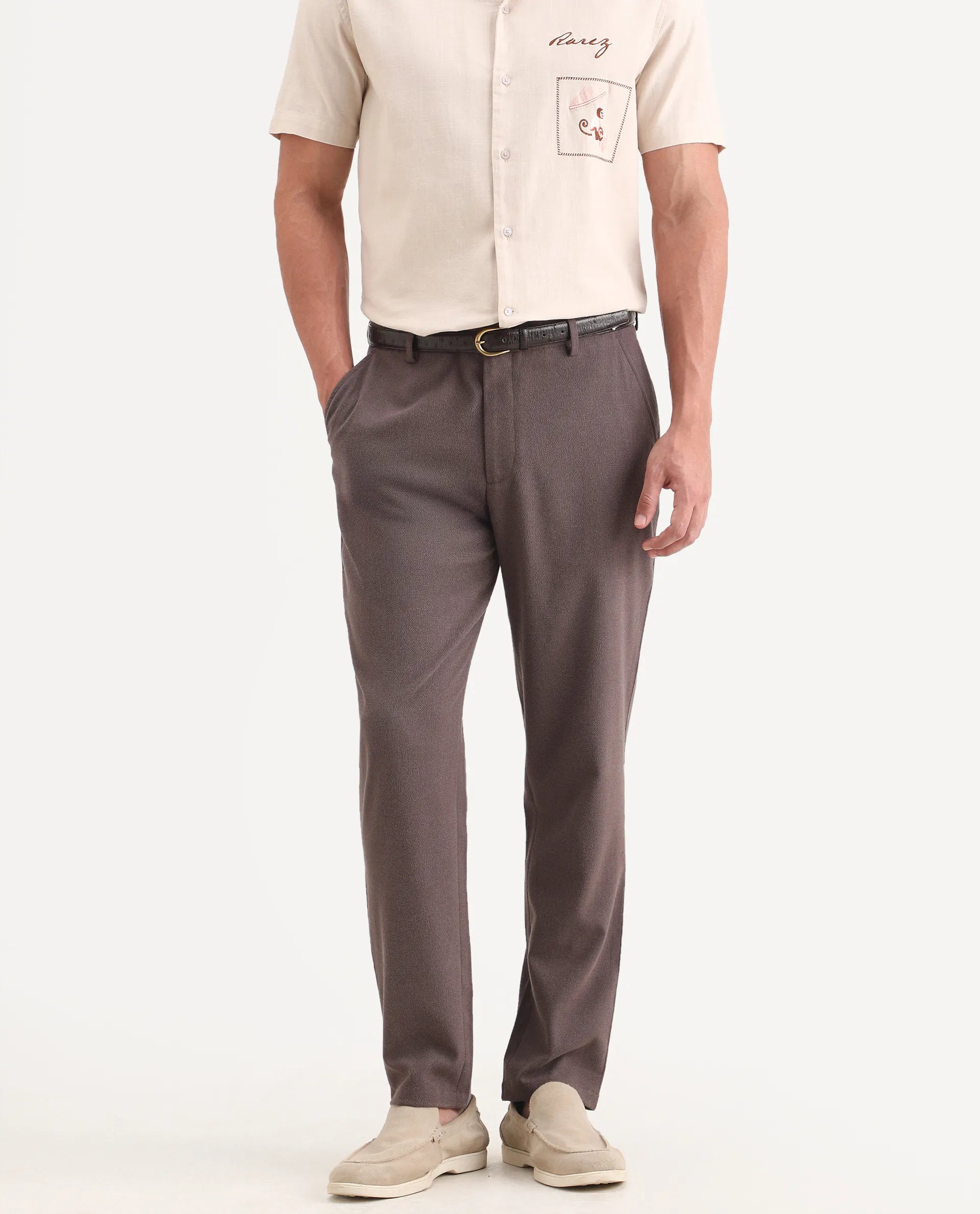 Rare Rabbit Men's Trove Dusky Brown Polyester Blend Fabric Regular Fit Textured Trouser