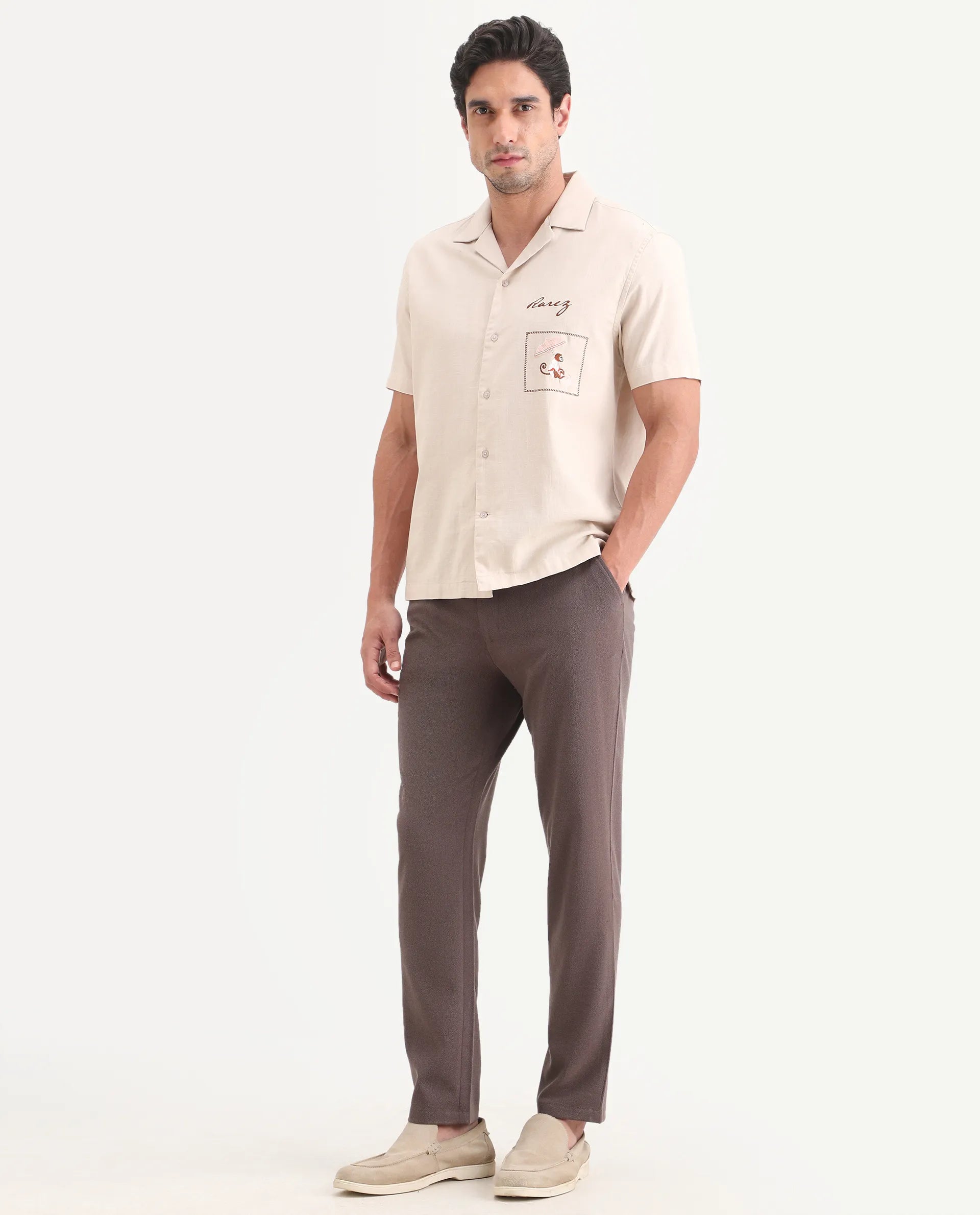 Rare Rabbit Men's Trove Dusky Brown Polyester Blend Fabric Regular Fit Textured Trouser