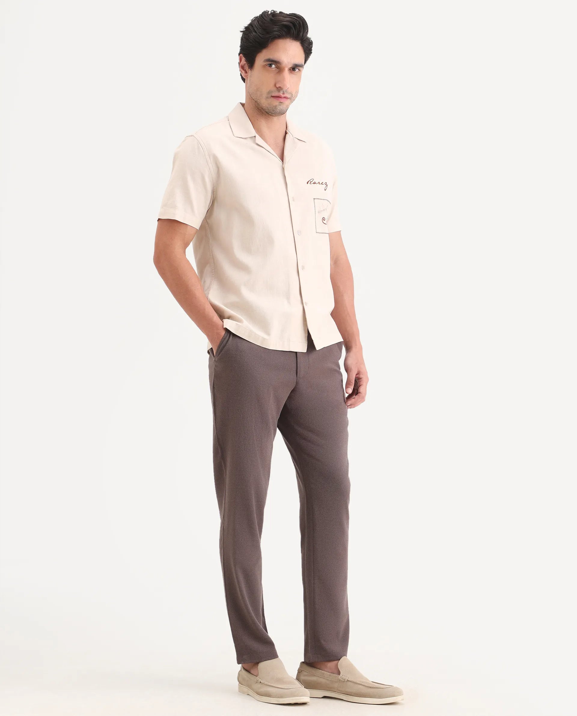 Rare Rabbit Men's Trove Dusky Brown Polyester Blend Fabric Regular Fit Textured Trouser