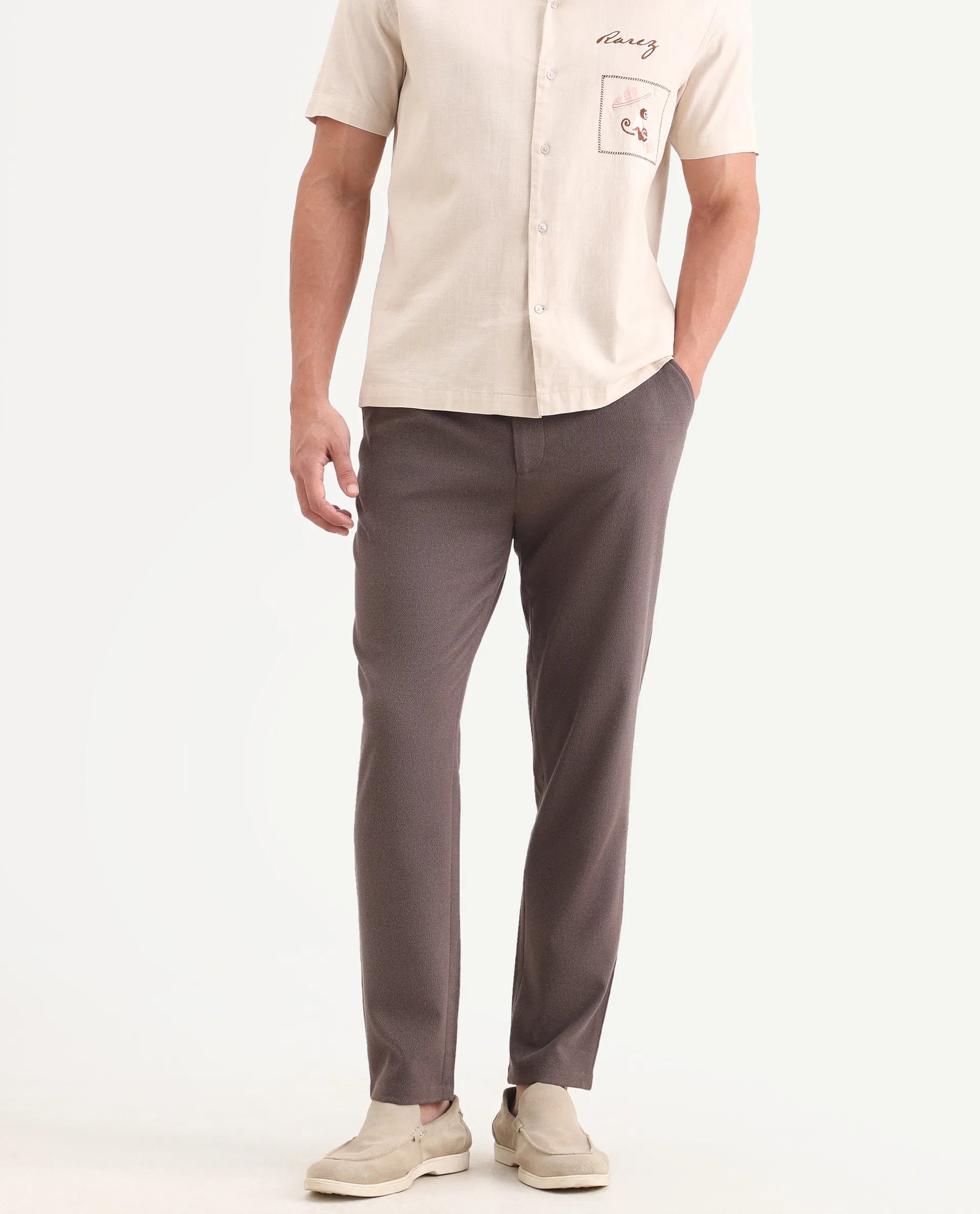 Rare Rabbit Men's Trove Dusky Brown Polyester Blend Fabric Regular Fit Textured Trouser