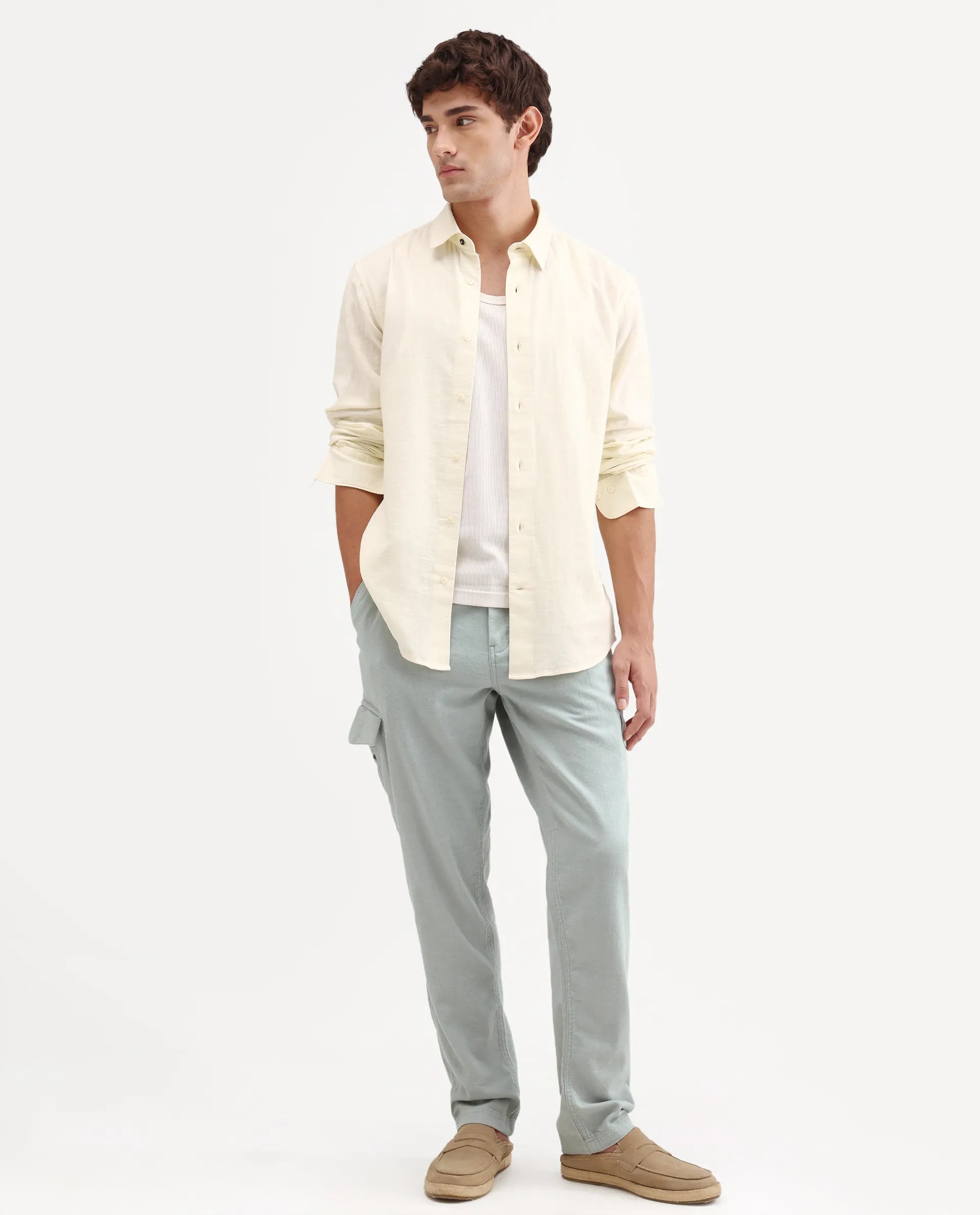 Rare Rabbit Men's Haxlr-B Dusky Green Cotton Blend Fabric Regular Fit Plain Cargo Trouser