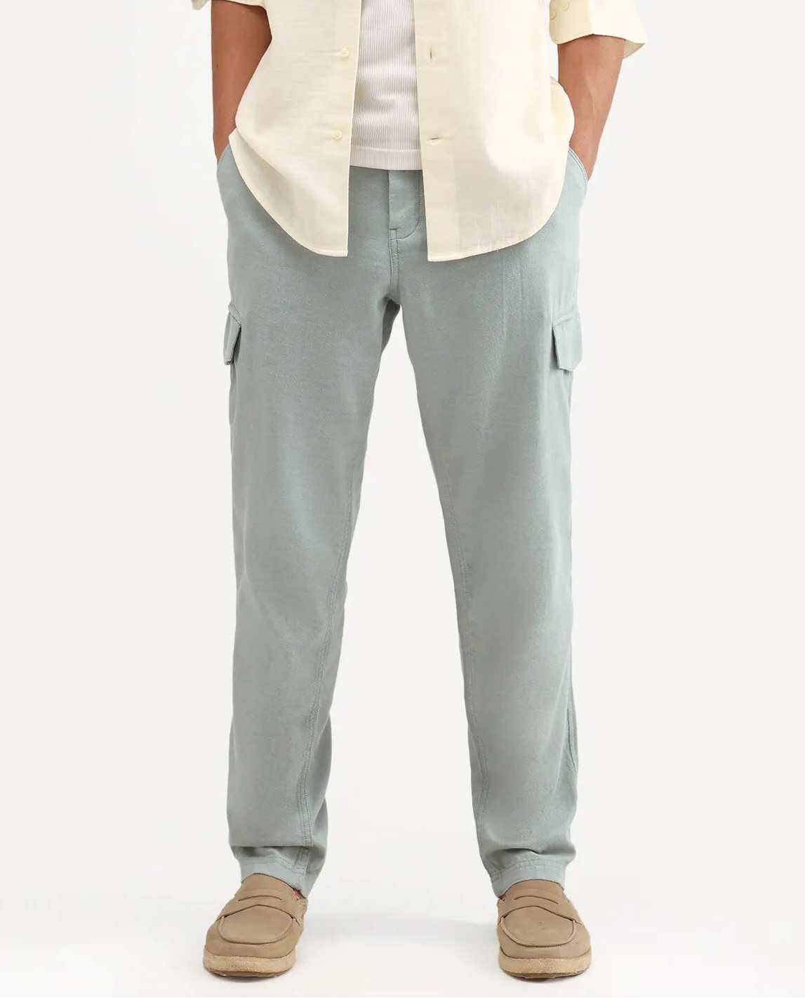 Rare Rabbit Men's Haxlr-B Dusky Green Cotton Blend Fabric Regular Fit Plain Cargo Trouser
